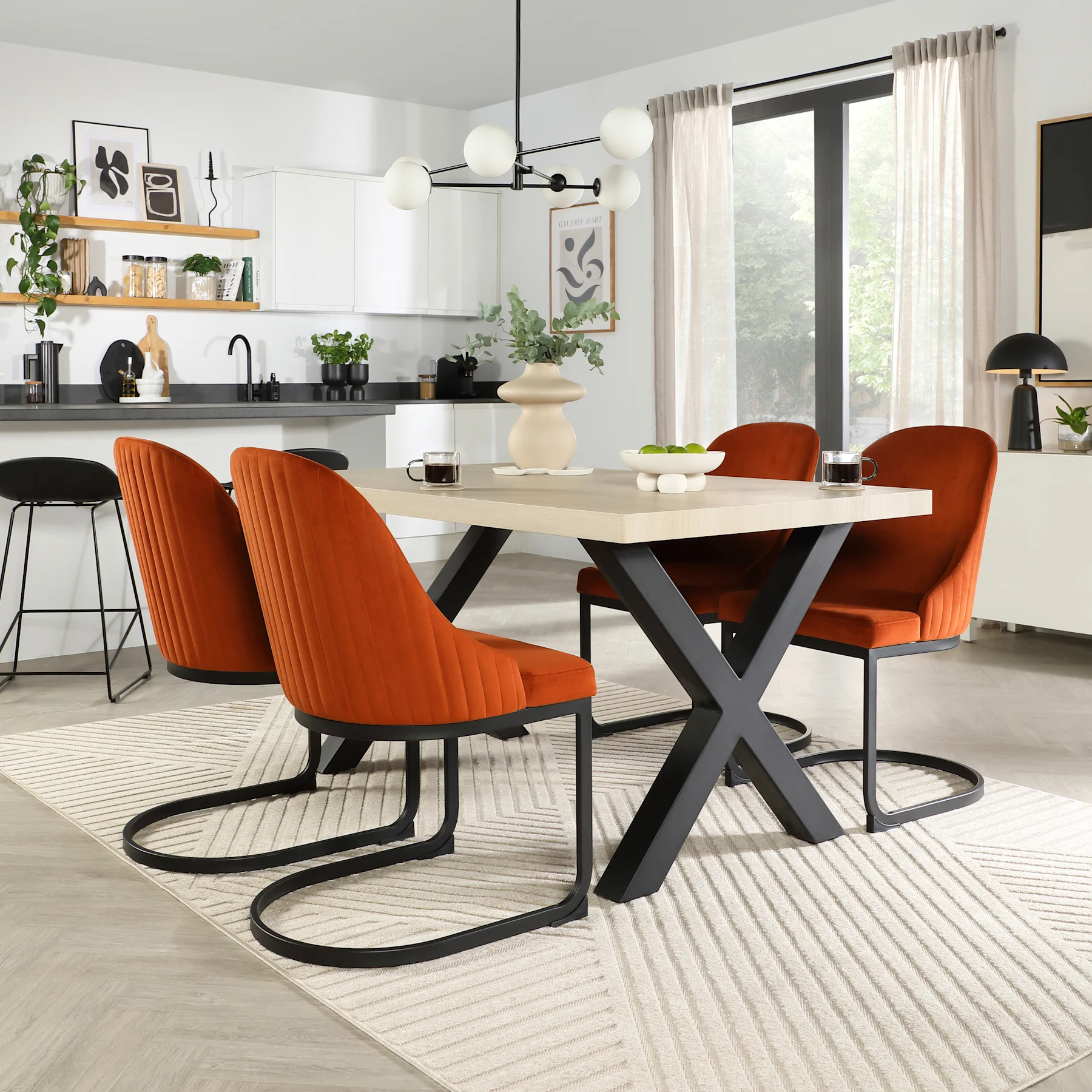 Franklin Dining Table & 4 Riva Chairs, Light Oak Effect & Black Steel, Burnt Orange Classic Velvet, 150cm