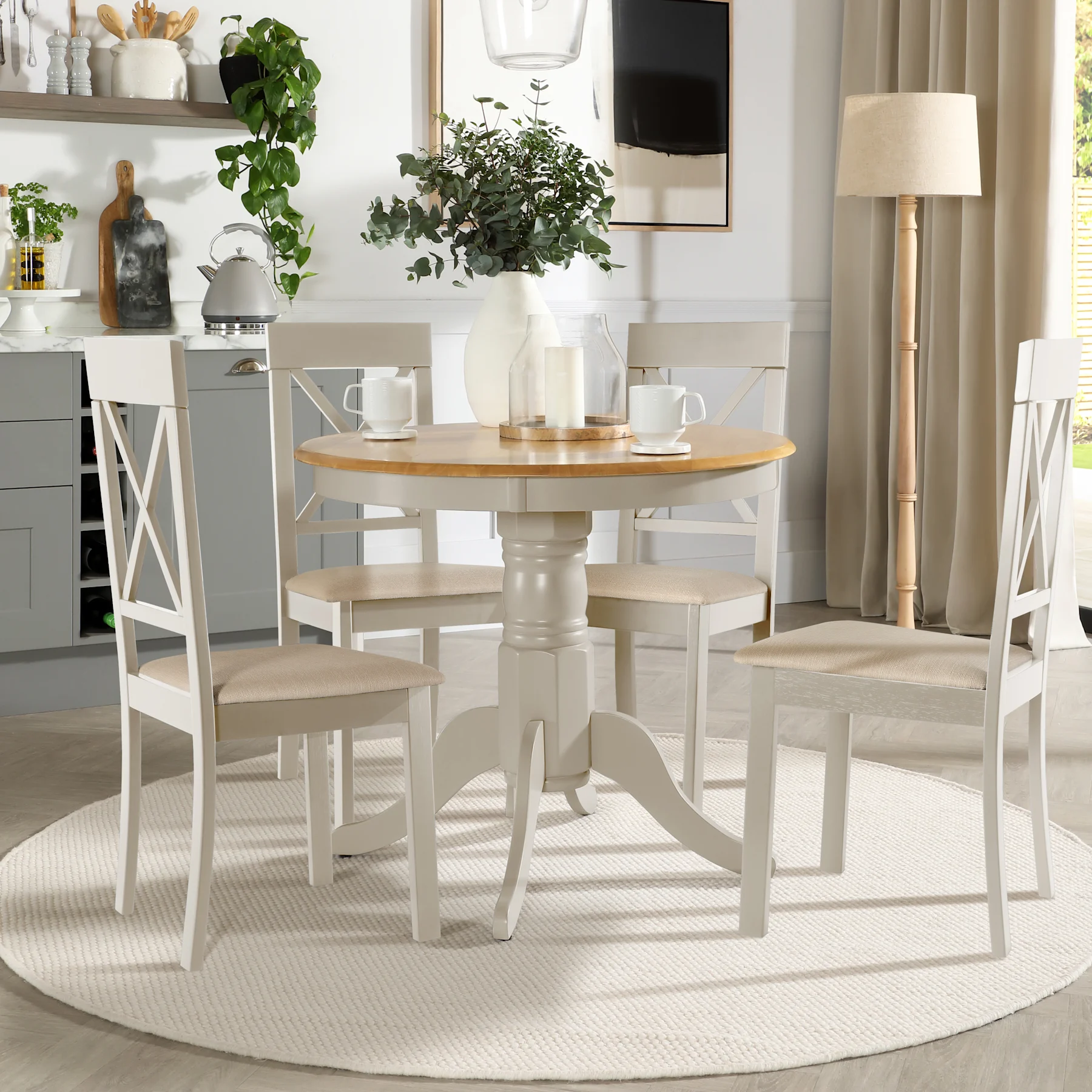 Kingston Round Dining Table & 4 Kendal Chairs, Natural Oak Finish & Beige Solid Hardwood, Oatmeal Classic Linen-Weave Fabric, 90cm