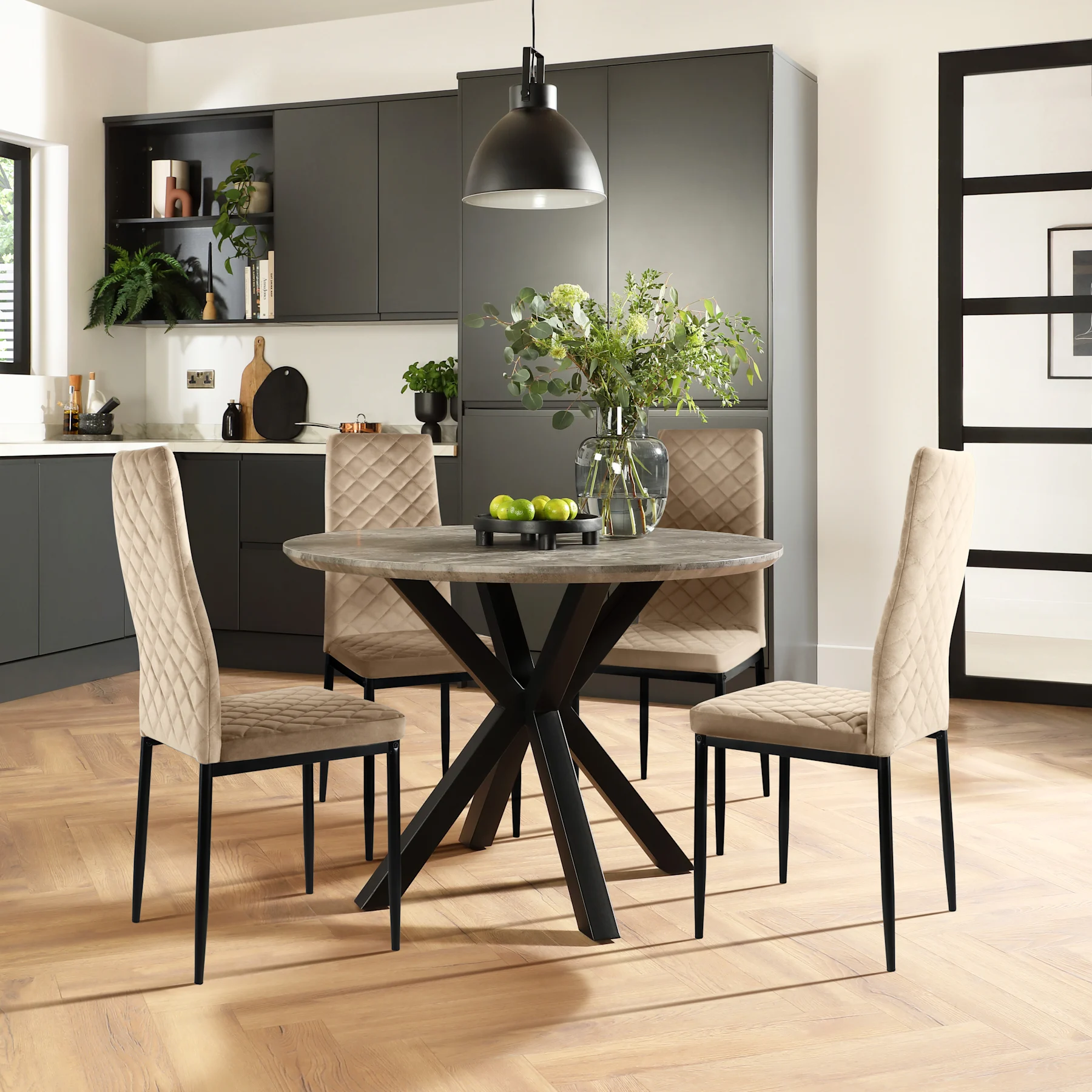 Newark Round Industrial Dining Table & 4 Renzo  Chairs, Grey Concrete Effect & Black Steel, Champagne Classic Velvet, 150cm