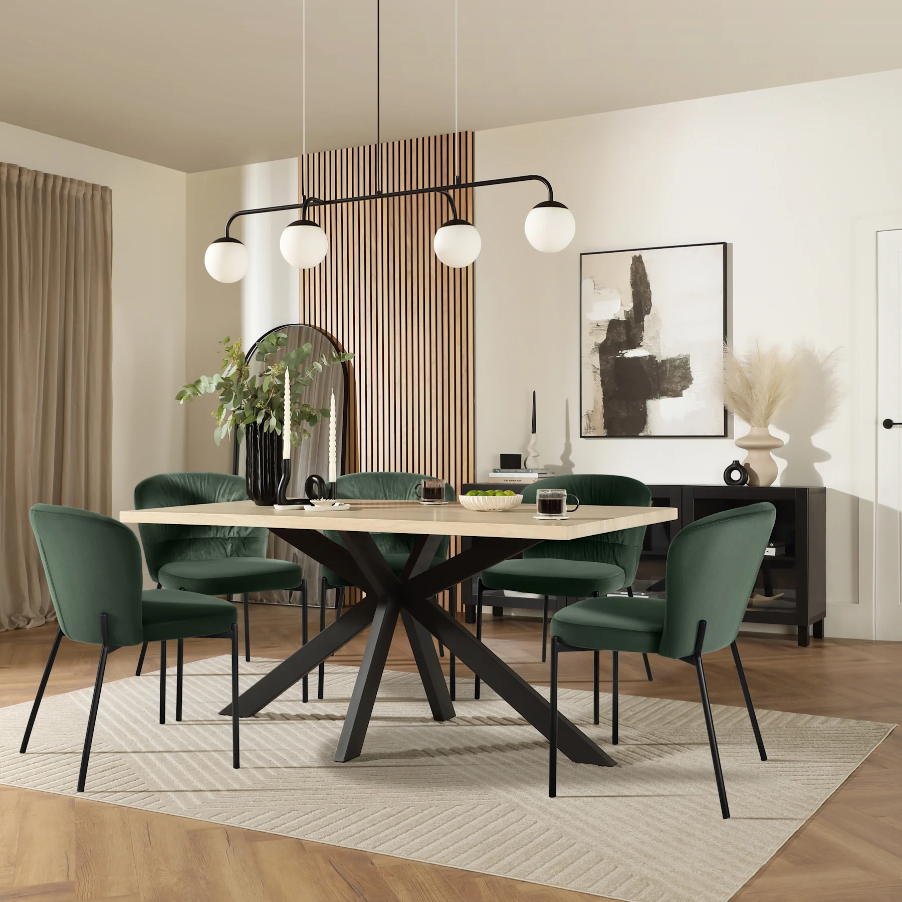 Madison Dining Table & 6 Gianna Chairs, Light Oak Effect & Black Steel, Moss Green Classic Velvet, 160cm