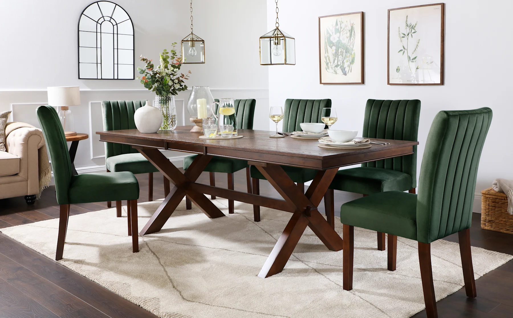 Grange Extending Dining Table & 6 Salisbury Chairs, Dark Oak Veneer & Solid Hardwood, Moss Green Classic Velvet & Dark Solid Hardwood, 180-220cm