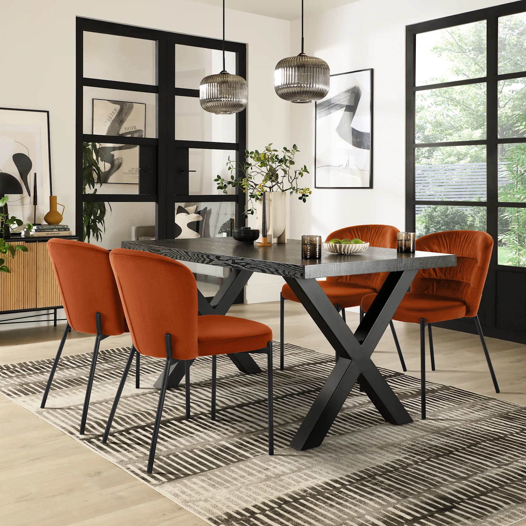 Franklin Dining Table & 4 Gianna Chairs, Black Oak Effect & Black Steel, Burnt Orange Classic Velvet, 150cm