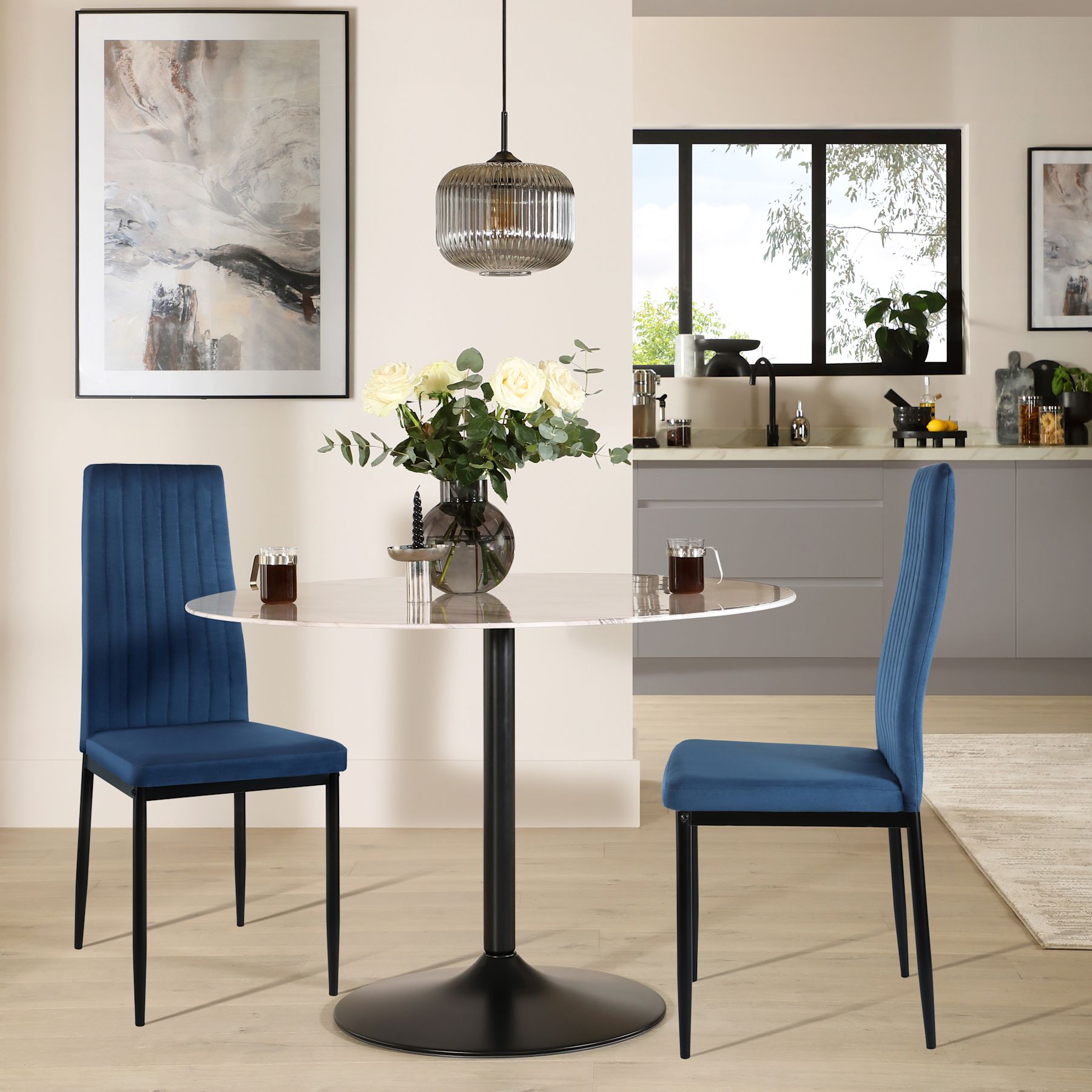 Orbit Round Dining Table & 2 Leon Chairs, White Marble Effect & Black