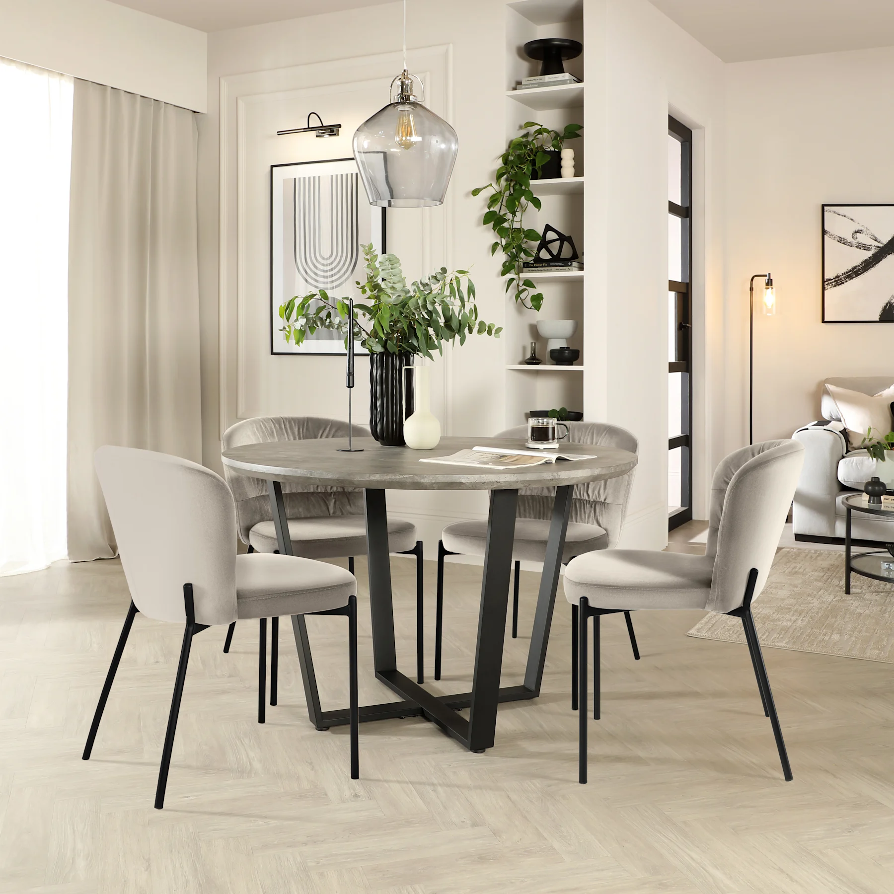 Traviso Round Industrial Dining Table & 2 Gianna Chairs, Concrete Marble Effect & Black Steel, Grey Classic Velvet, 120cm