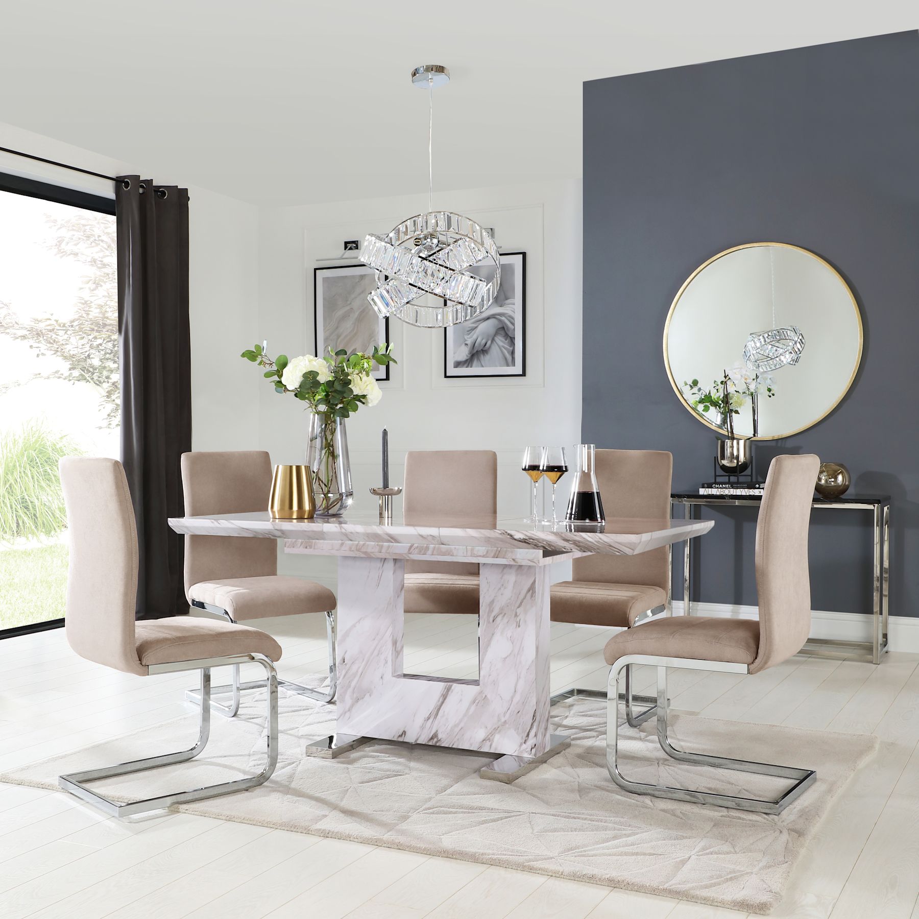 Florence Extending Dining Table & 4 Perth Chairs, Grey Marble Effect ...