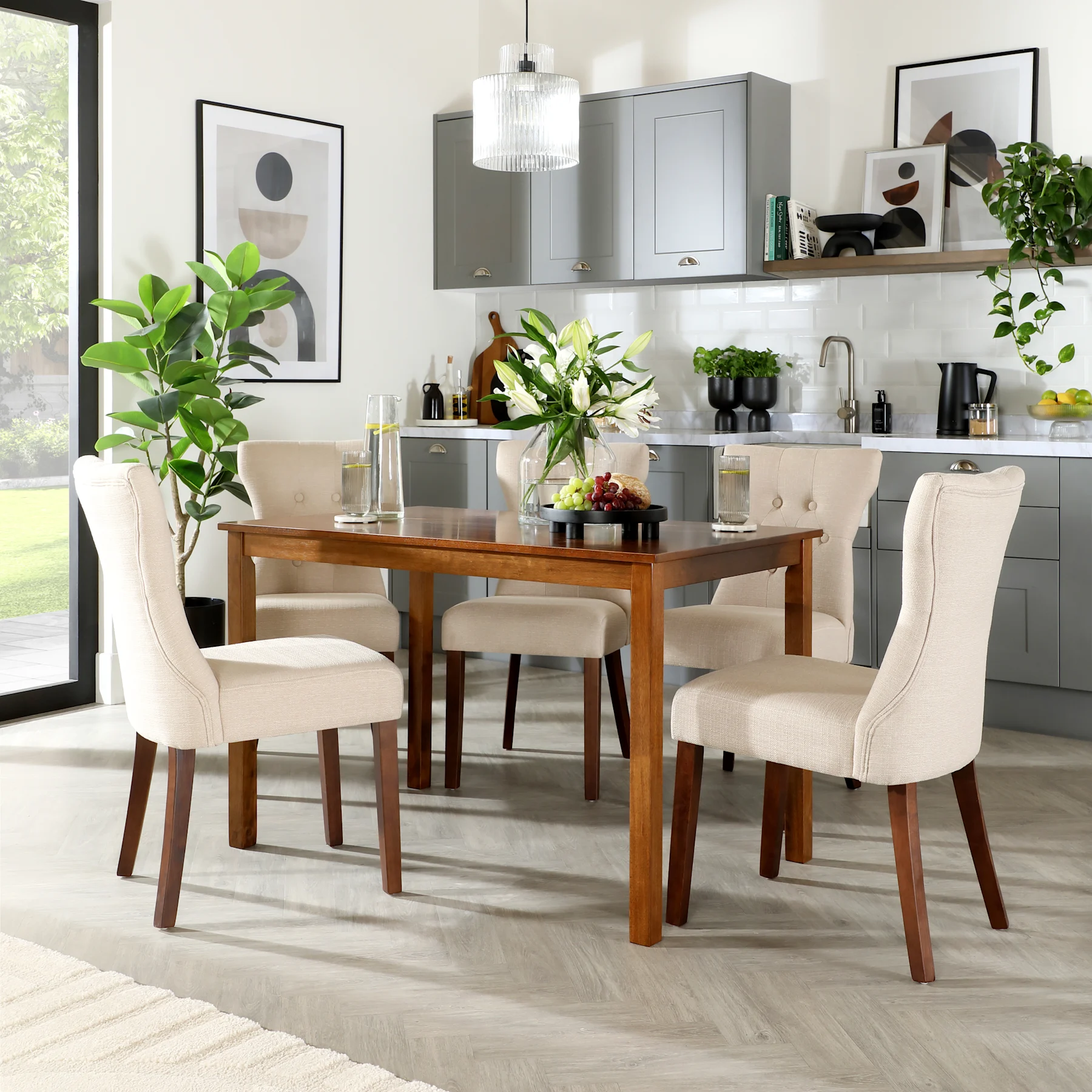 Milton Dining Table & 6 Bewley Chairs, Dark Solid Hardwood, Oatmeal Classic Linen-Weave Fabric, 120cm