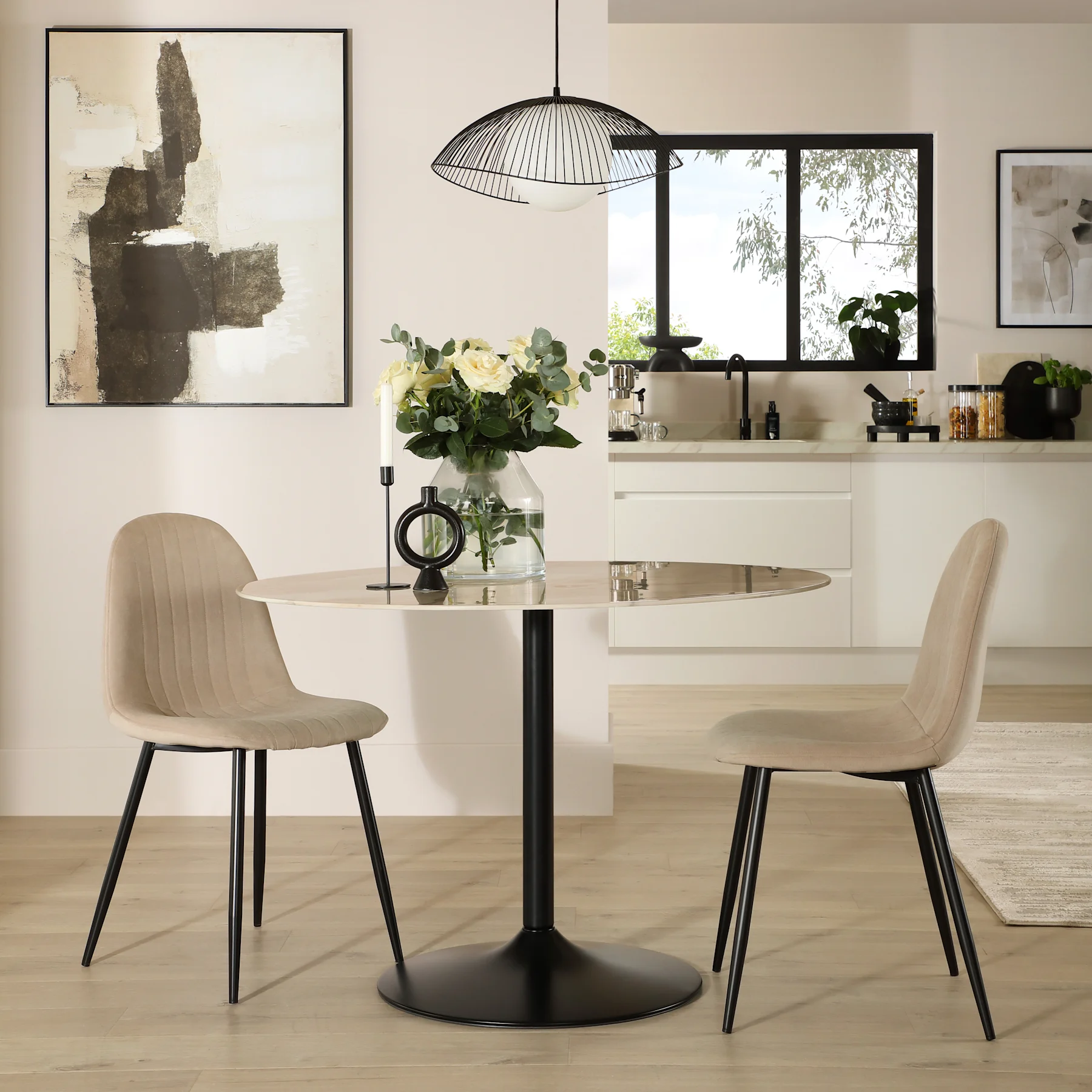 Orbit Round Dining Table & 2 Brooklyn Chairs, Beige Marble Effect & Black Steel, Champagne Classic Velvet, 110cm