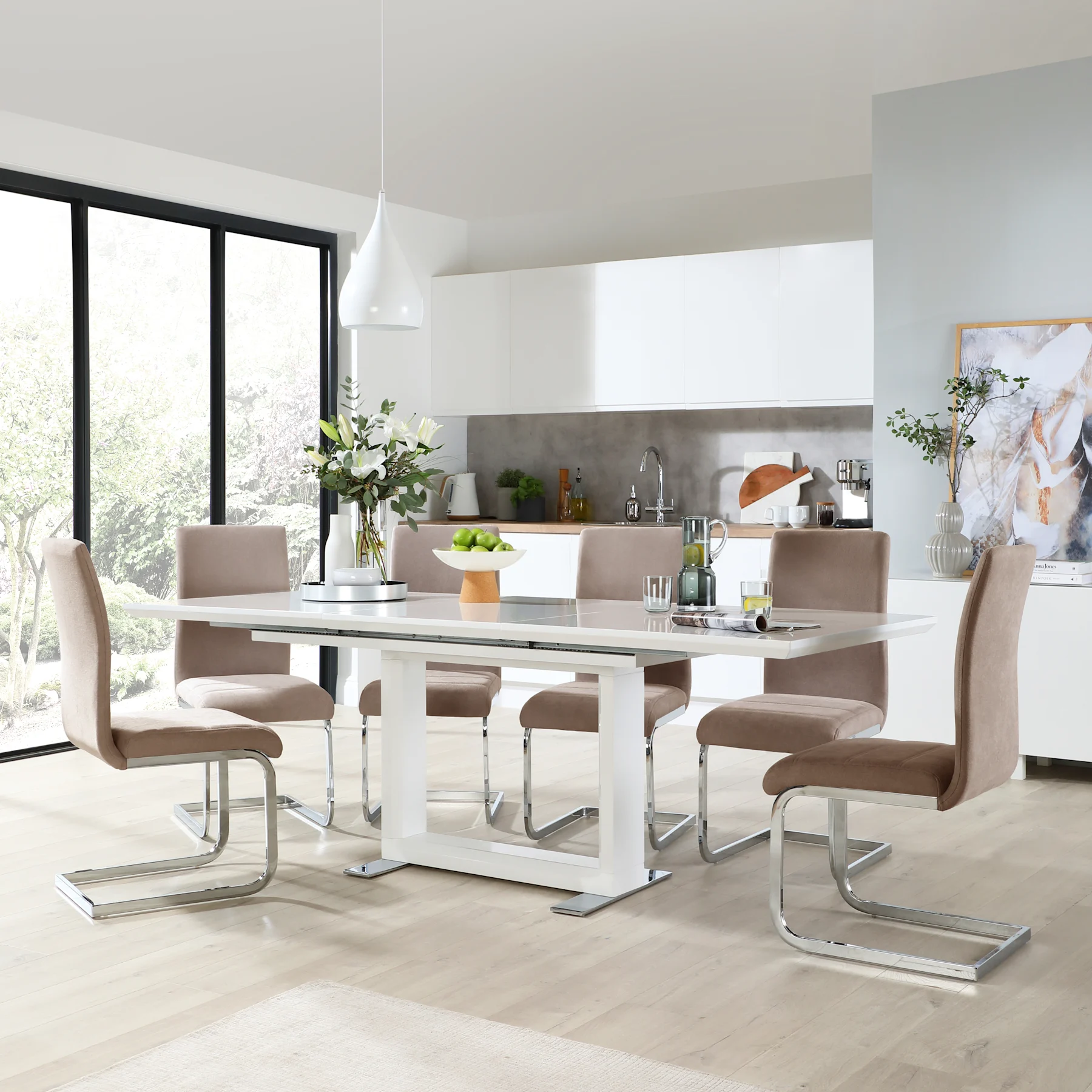 Tokyo Extending Dining Table & 4 Perth Chairs, White High Gloss, Beige Classic Plush Fabric & Chrome, 160-220cm