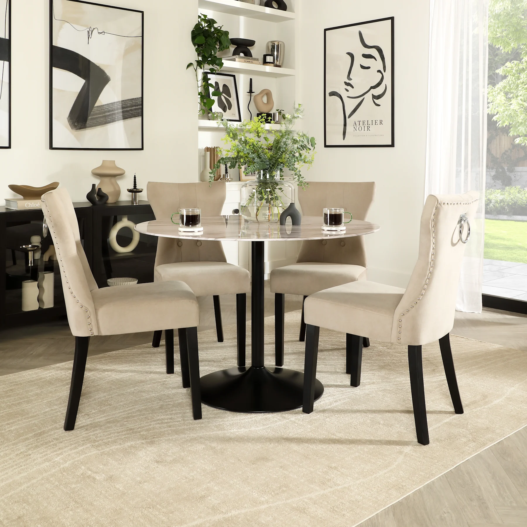 Orbit Round Dining Table & 4 Kensington Chairs, Grey Marble Effect & Black Solid Hardwood, Champagne Classic Velvet, 110cm
