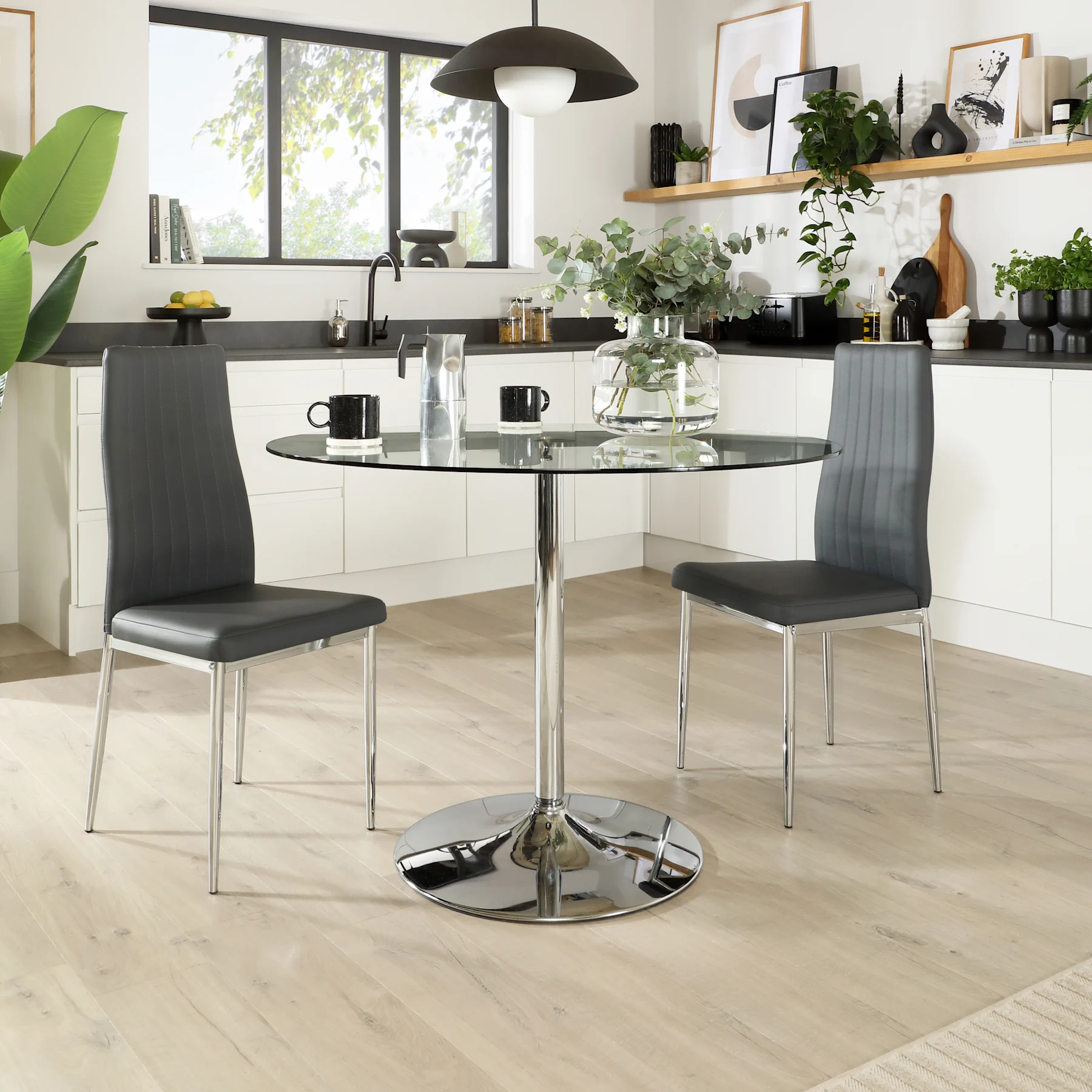 Orbit Round Dining Table & 2 Leon Chairs, Glass & Chrome, Grey Premium Faux Leather, 110cm