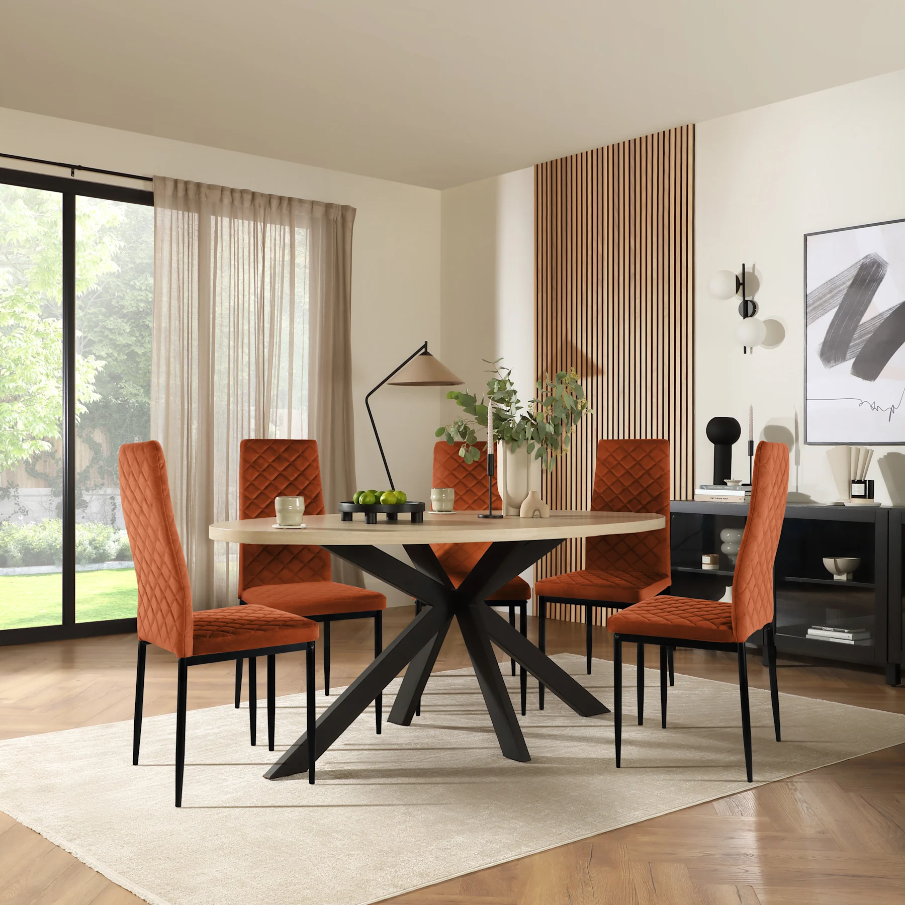 Madison Oval Dining Table & 6 Renzo  Chairs, Light Oak Effect & Black Steel, Burnt Orange Classic Velvet, 150cm
