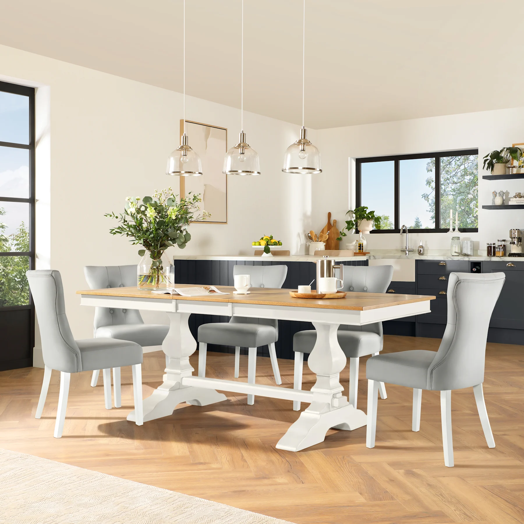 Cavendish Extending Dining Table & 4 Bewley Chairs, Natural Oak Veneer & White Solid Hardwood, Light Grey Premium Faux Leather, 150-200cm