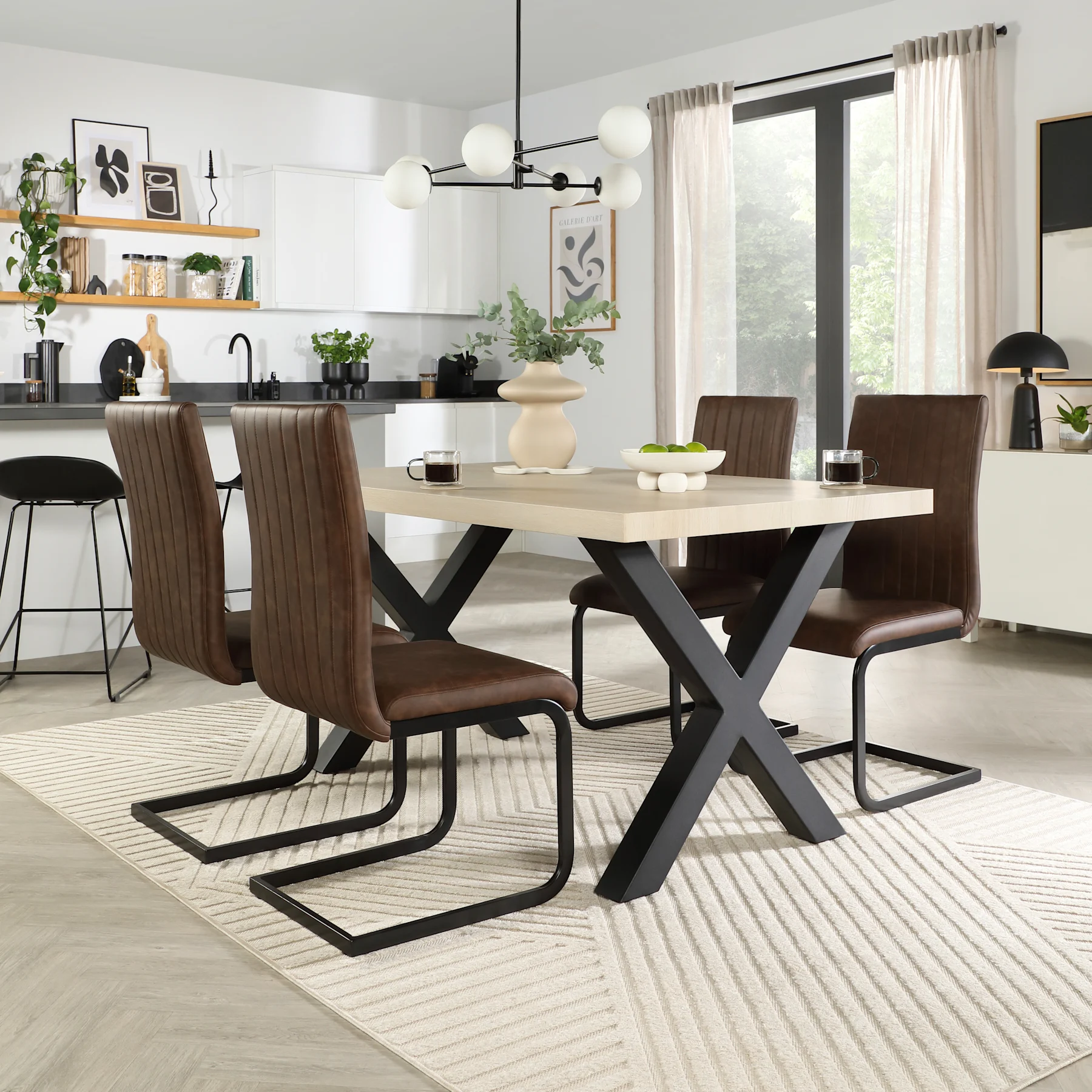 Franklin Dining Table & 4 Perth Chairs, Light Oak Effect & Black Steel, Vintage Brown Premium Faux Leather, 150cm