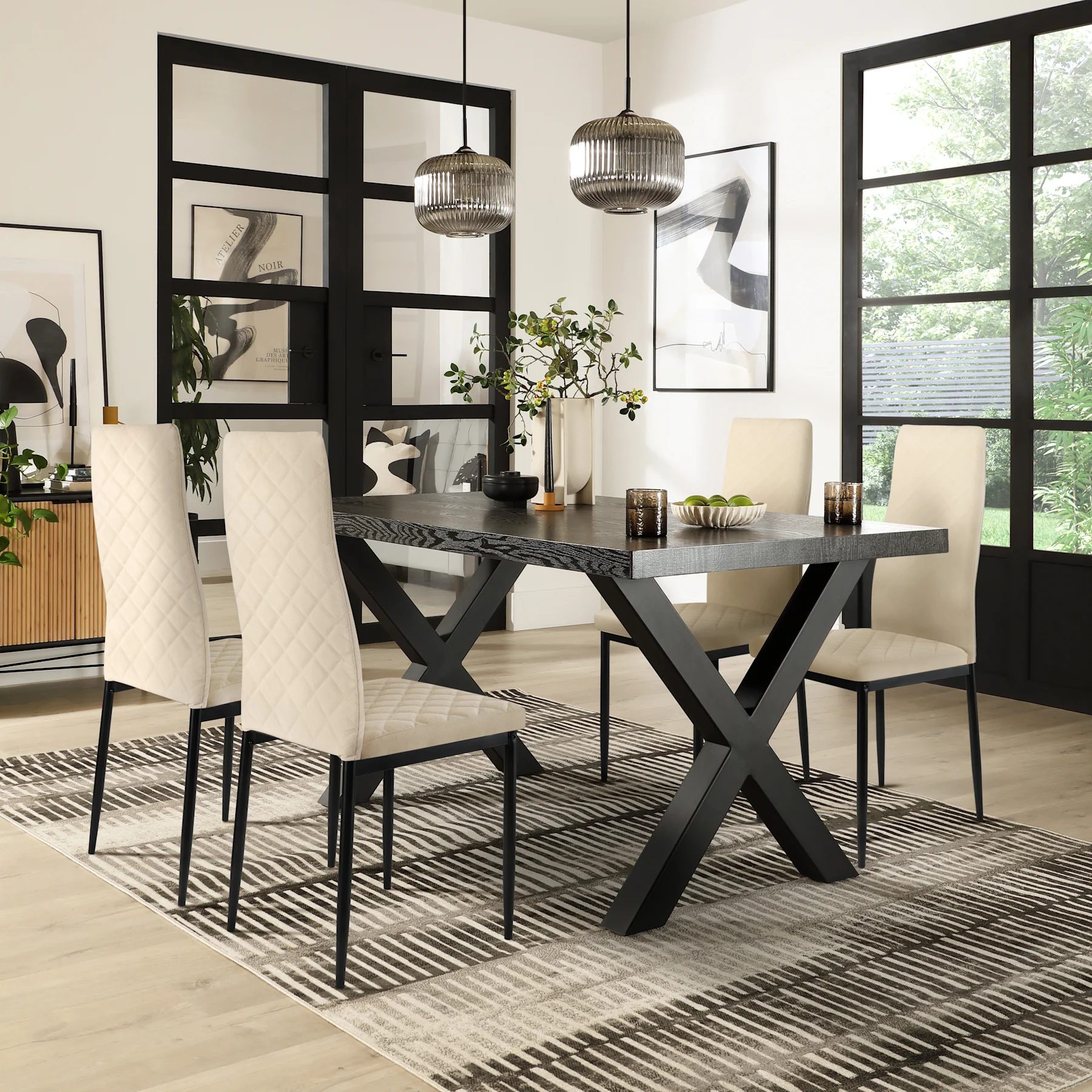Franklin Dining Table & 4 Renzo  Chairs, Black Oak Effect & Black Steel, Ivory Classic Plush Fabric, 150cm