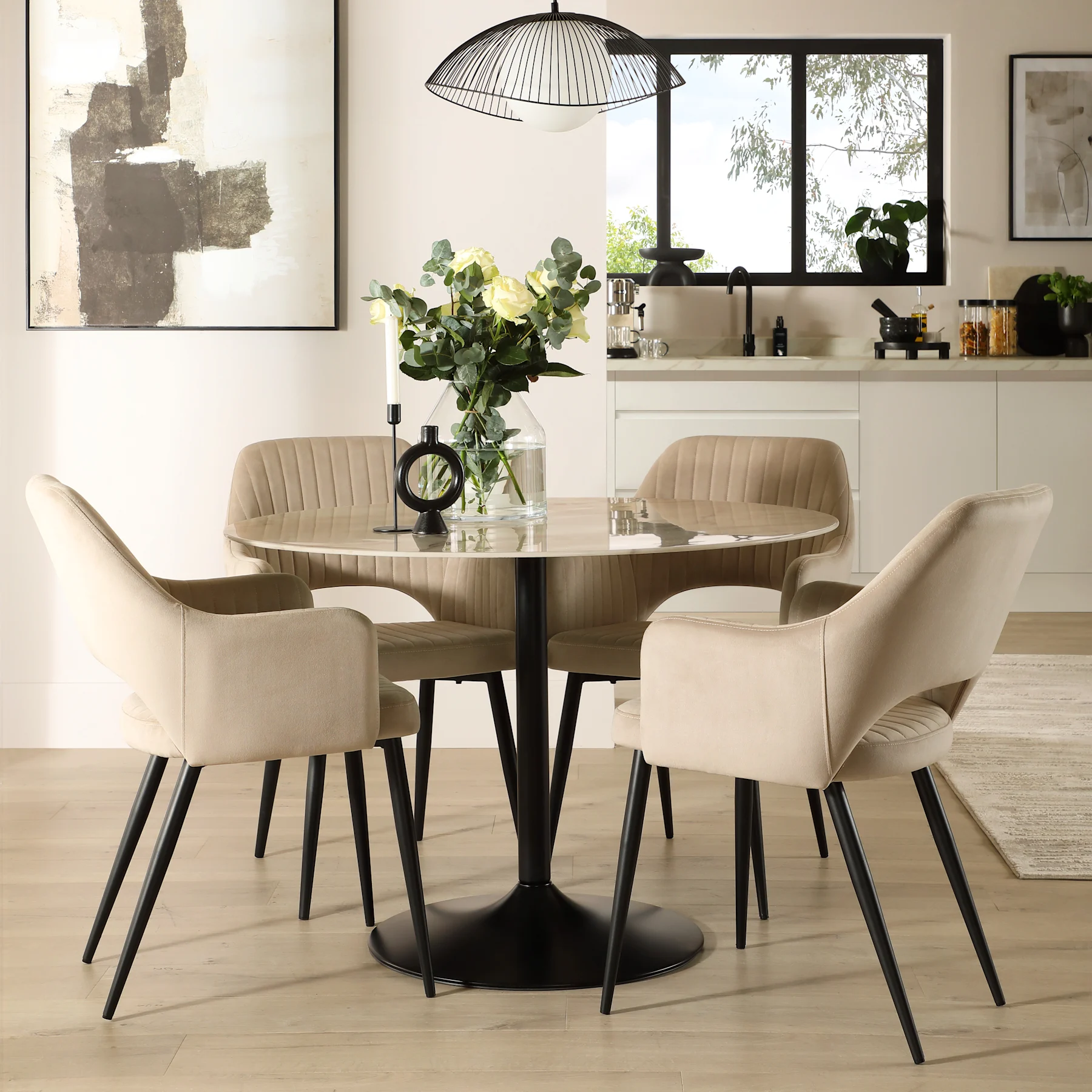 Orbit Round Dining Table & 4 Clara Chairs, Beige Marble Effect & Black Steel, Champagne Classic Velvet, 110cm