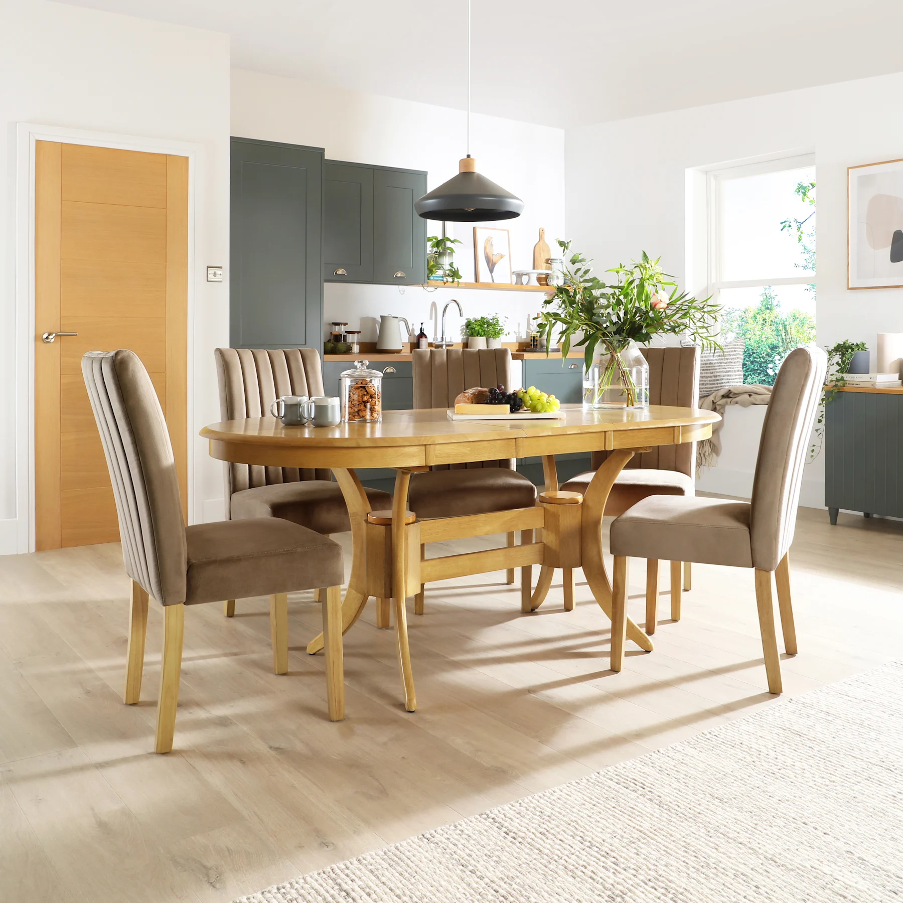 Townhouse Oval Extending Dining Table & 4 Salisbury Chairs, Natural Oak Finished Solid Hardwood, Beige Classic Velvet, 150-180cm
