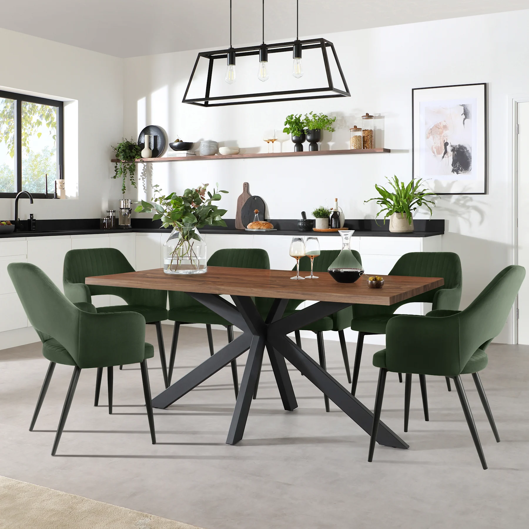 Madison Industrial Dining Table & 6 Clara Chairs, Walnut Effect & Black Steel, Moss Green Classic Velvet, 160cm