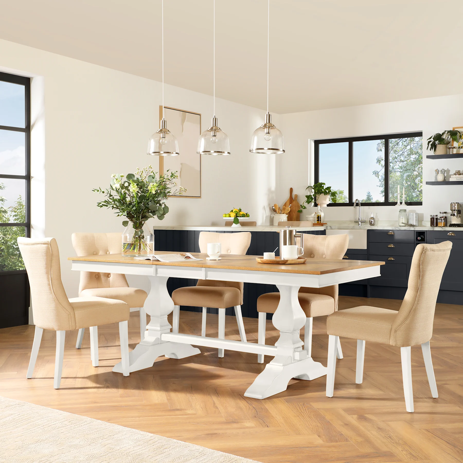 Cavendish Extending Dining Table & 8 Bewley Chairs, Natural Oak Veneer & White Solid Hardwood, Oatmeal Classic Linen-Weave Fabric, 150-200cm