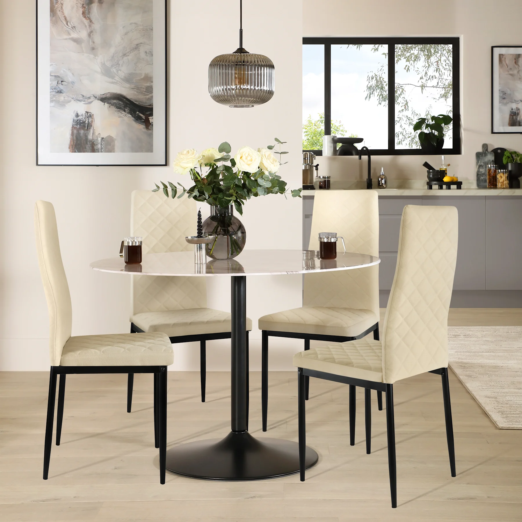 Orbit Round Dining Table & 4 Renzo  Chairs, Grey Marble Effect & Black Steel, Ivory Classic Plush Fabric, 150cm