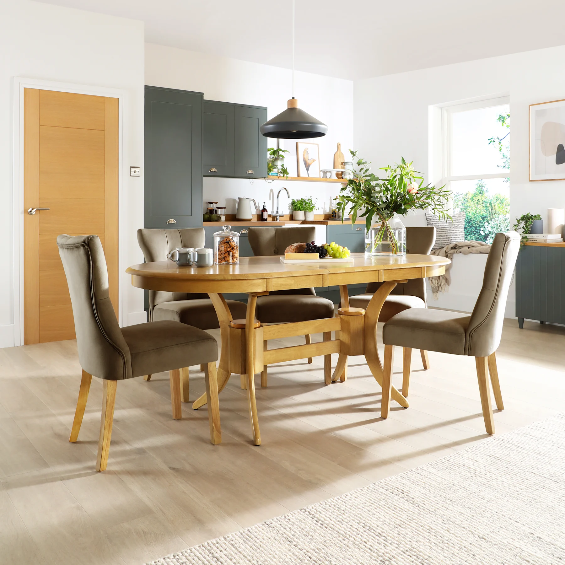 Townhouse Oval Extending Dining Table & 6 Bewley Chairs, Natural Oak Finished Solid Hardwood, Beige Classic Velvet, 150-180cm