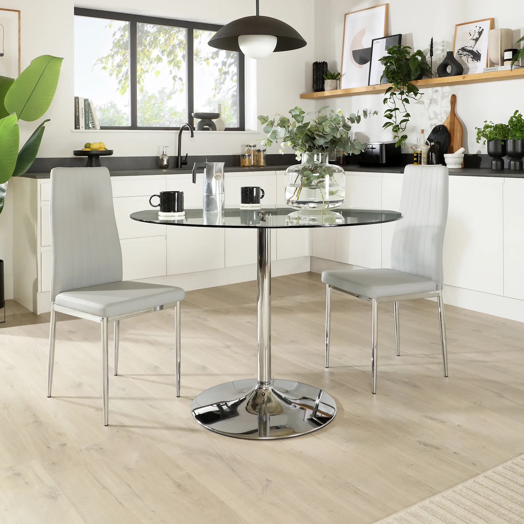 Orbit Round Dining Table & 2 Leon Chairs, Glass & Chrome, Light Grey Premium Faux Leather, 110cm
