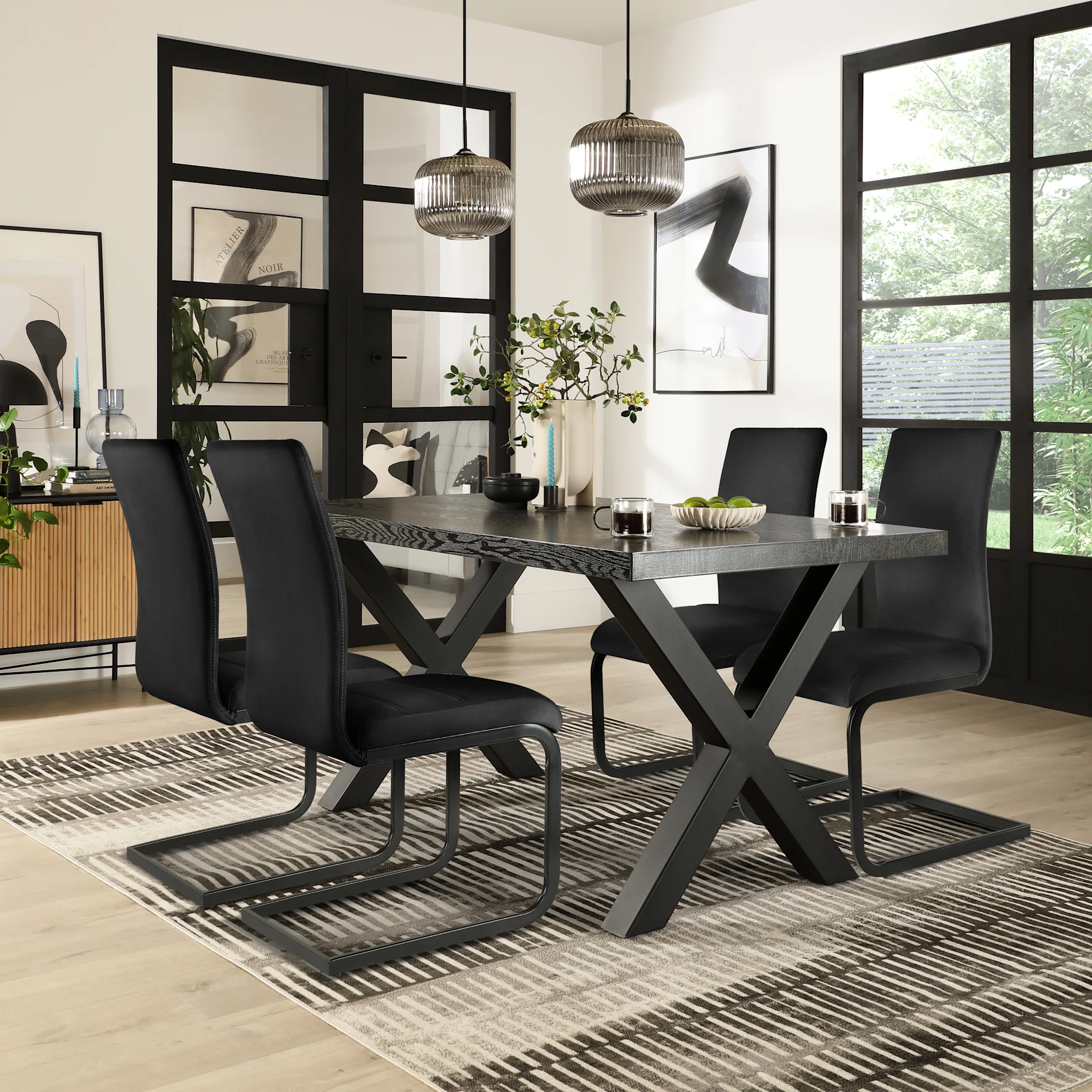 Franklin Dining Table & 4 Perth Chairs, Black Oak Effect & Black Steel, Black Classic Velvet, 150cm