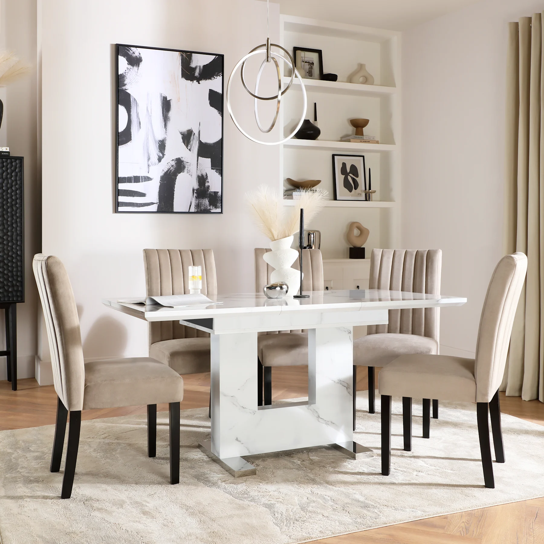 Florence Extending Dining Table & 4 Salisbury Chairs, White Marble Effect, Champagne Classic Velvet & Black Solid Hardwood, 120-160cm