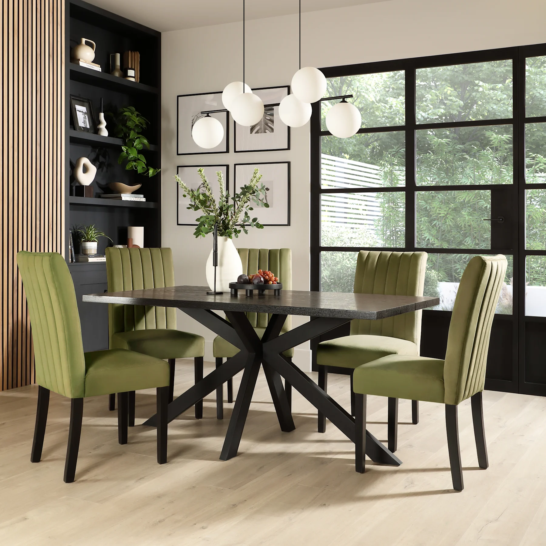 Madison Dining Table & 4 Salisbury Chairs, Black Oak Effect & Black Steel, Olive Green Classic Plush Fabric & Black Solid Hardwood, 160cm