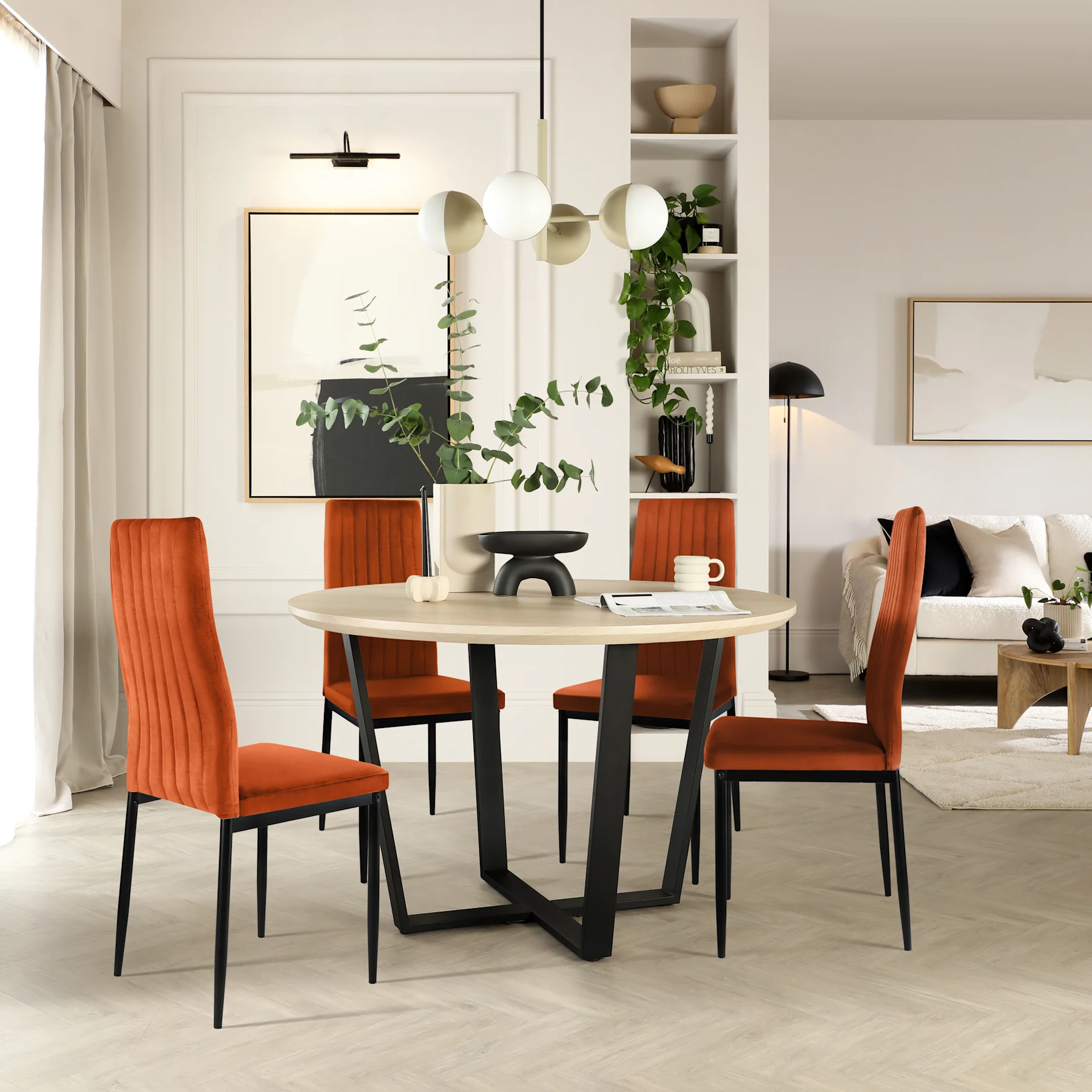Traviso Round Dining Table & 4 Leon Chairs, Light Oak Effect & Black Steel, Burnt Orange Classic Velvet, 120cm