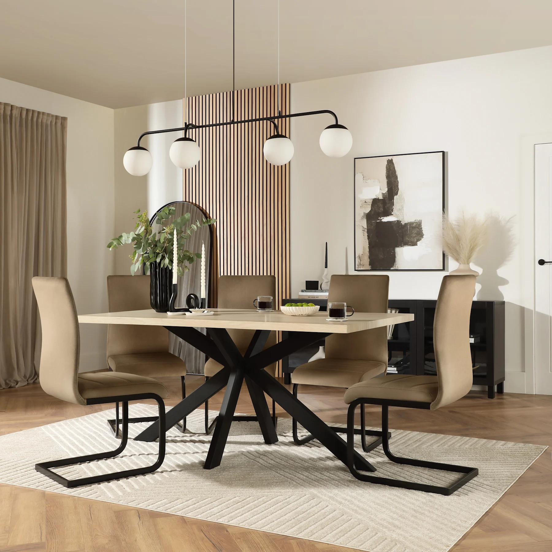 Madison Dining Table & 4 Perth Chairs, Light Oak Effect & Black Steel, Beige Classic Velvet, 160cm