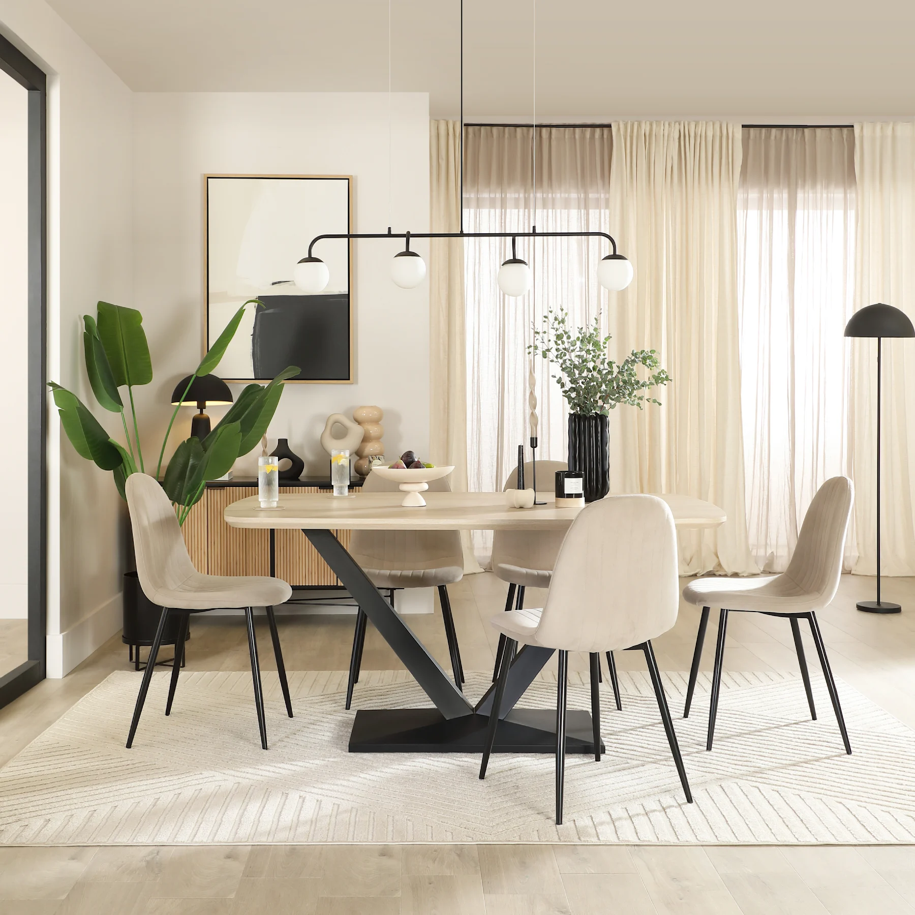 Avanta Dining Table & 4 Brooklyn Dining Chairs, Light Oak Effect & Black Steel, Champagne Classic Velvet, 160cm