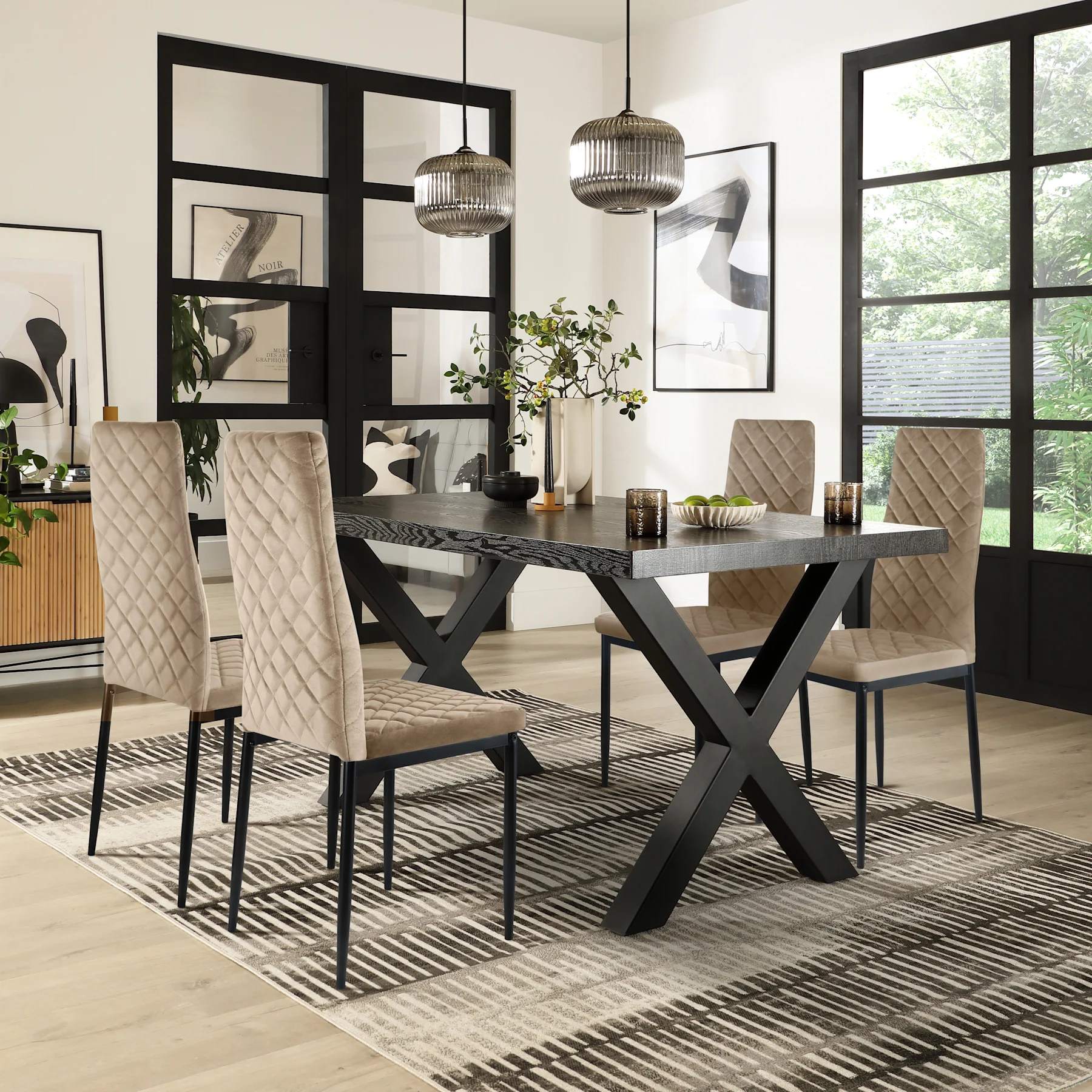 Franklin Dining Table & 4 Renzo  Chairs, Black Oak Effect & Black Steel, Champagne Classic Velvet, 150cm