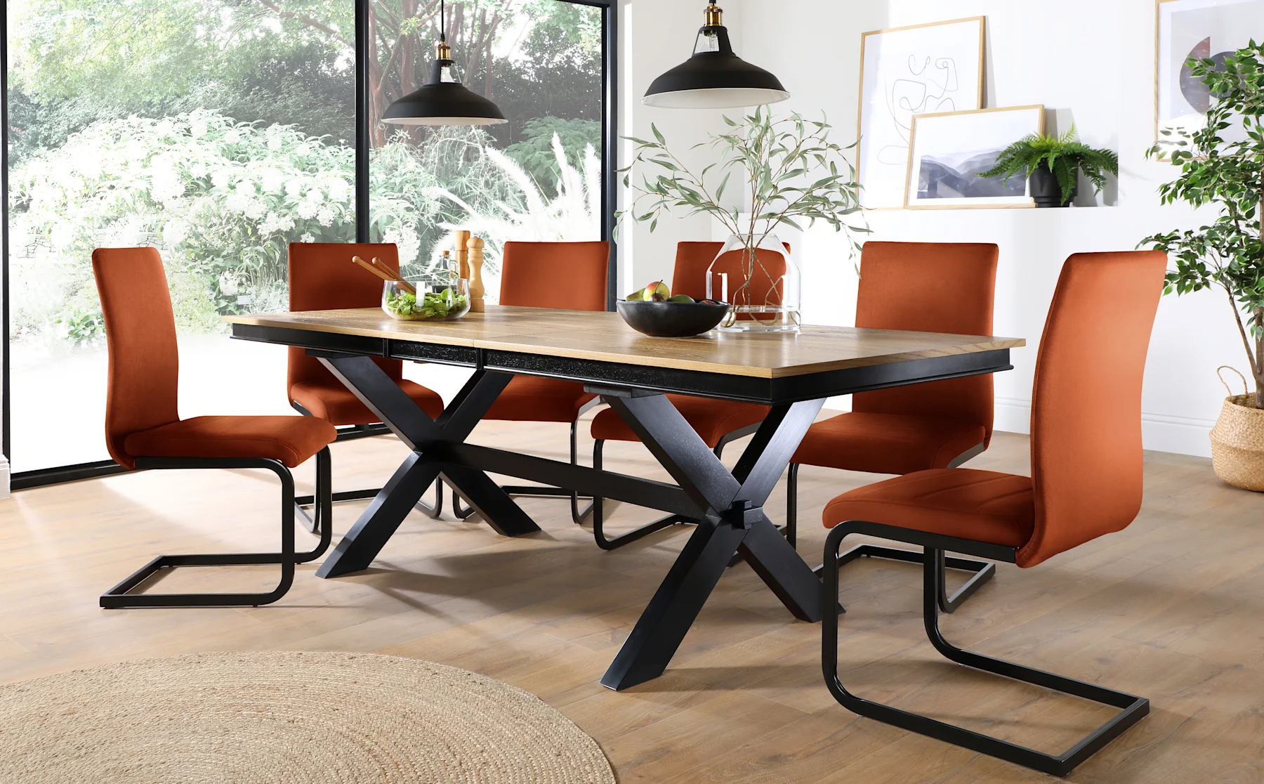 Grange Extending Dining Table & 8 Perth Chairs, Natural Oak Veneer & Black Solid Hardwood, Burnt Orange Classic Velvet & Black Steel, 180-220cm