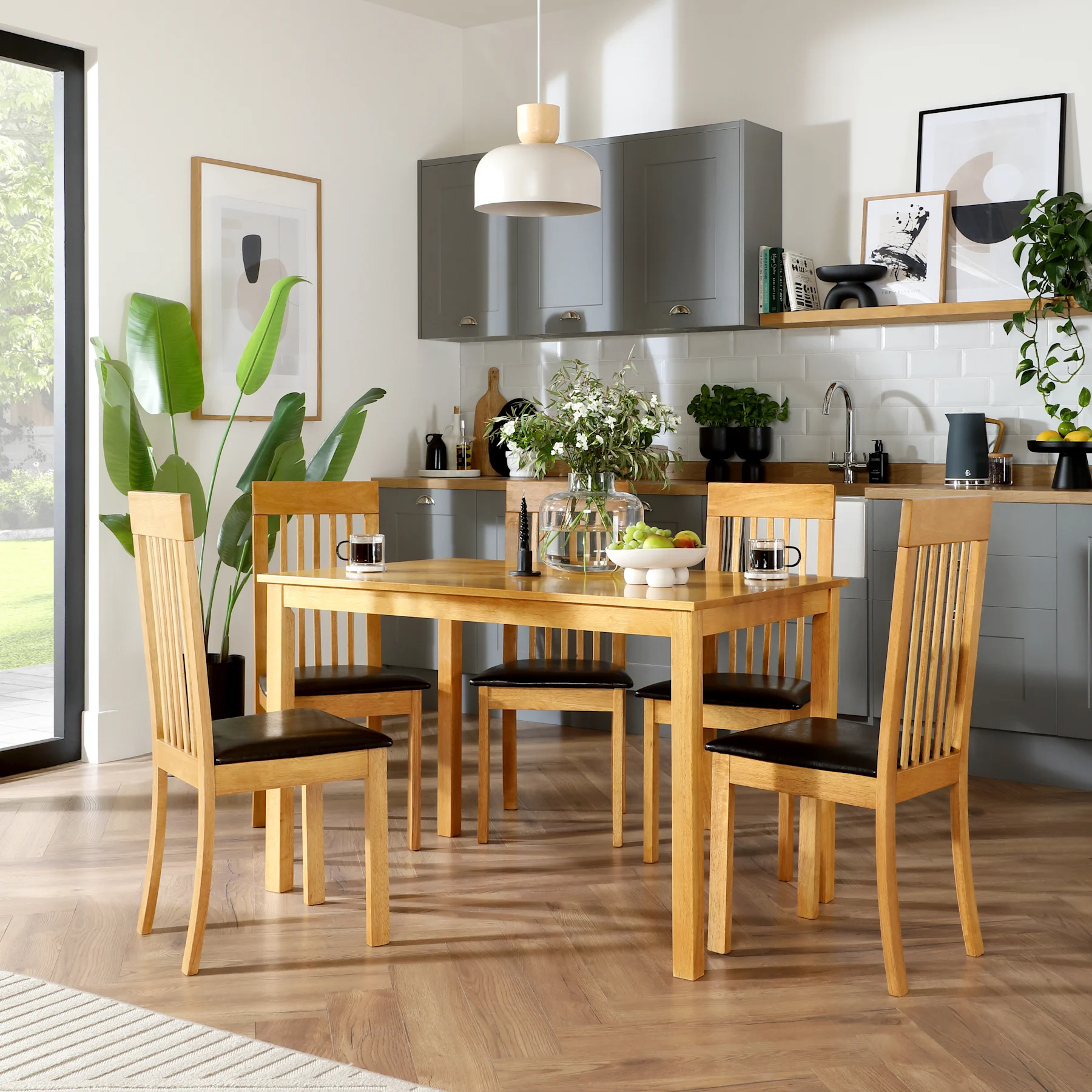 Milton Dining Table & 6 Oxford Chairs, Natural Oak Finished Solid Hardwood, Brown Classic Faux Leather, 120cm