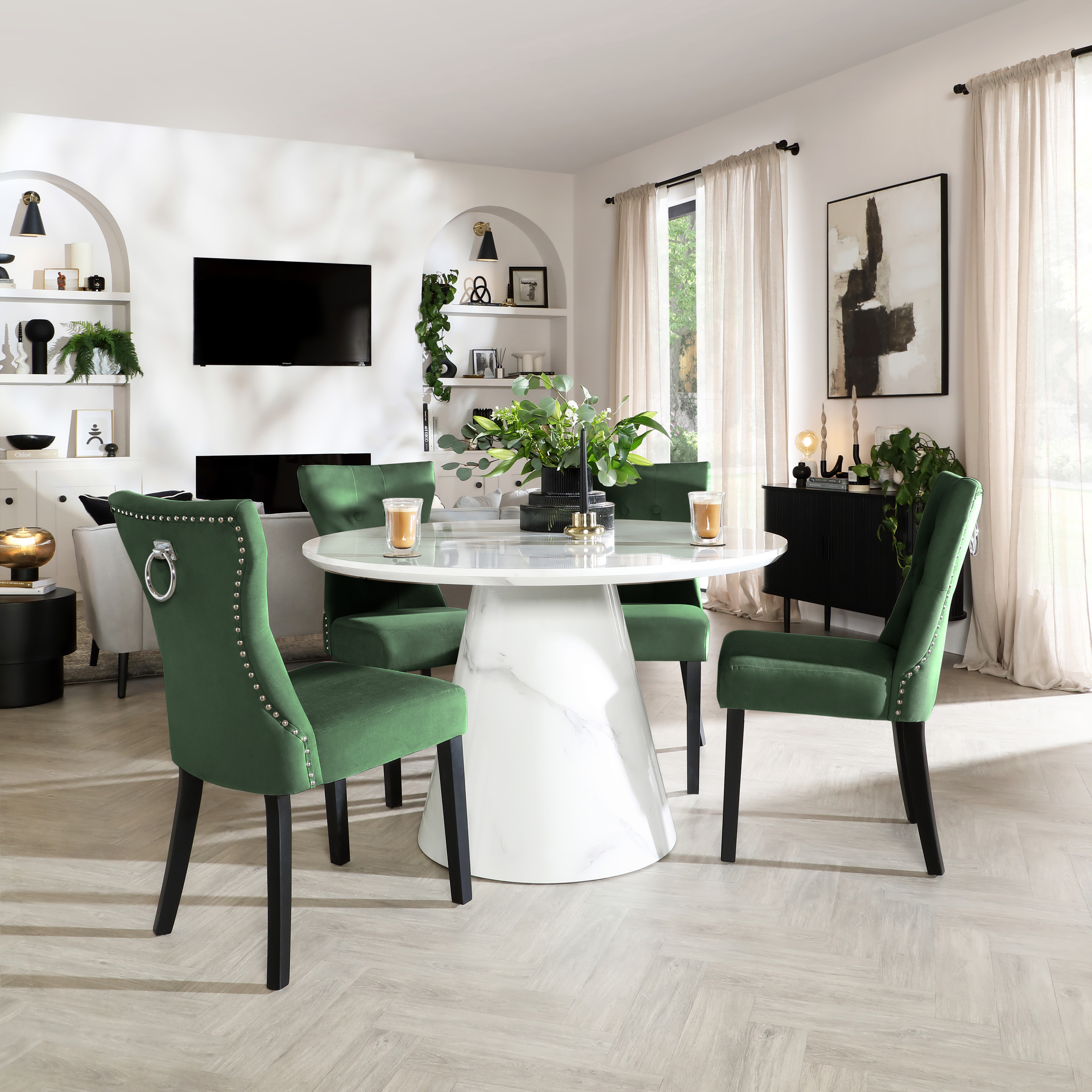 Accorto Round Dining Table Kensington Chairs, White Marble