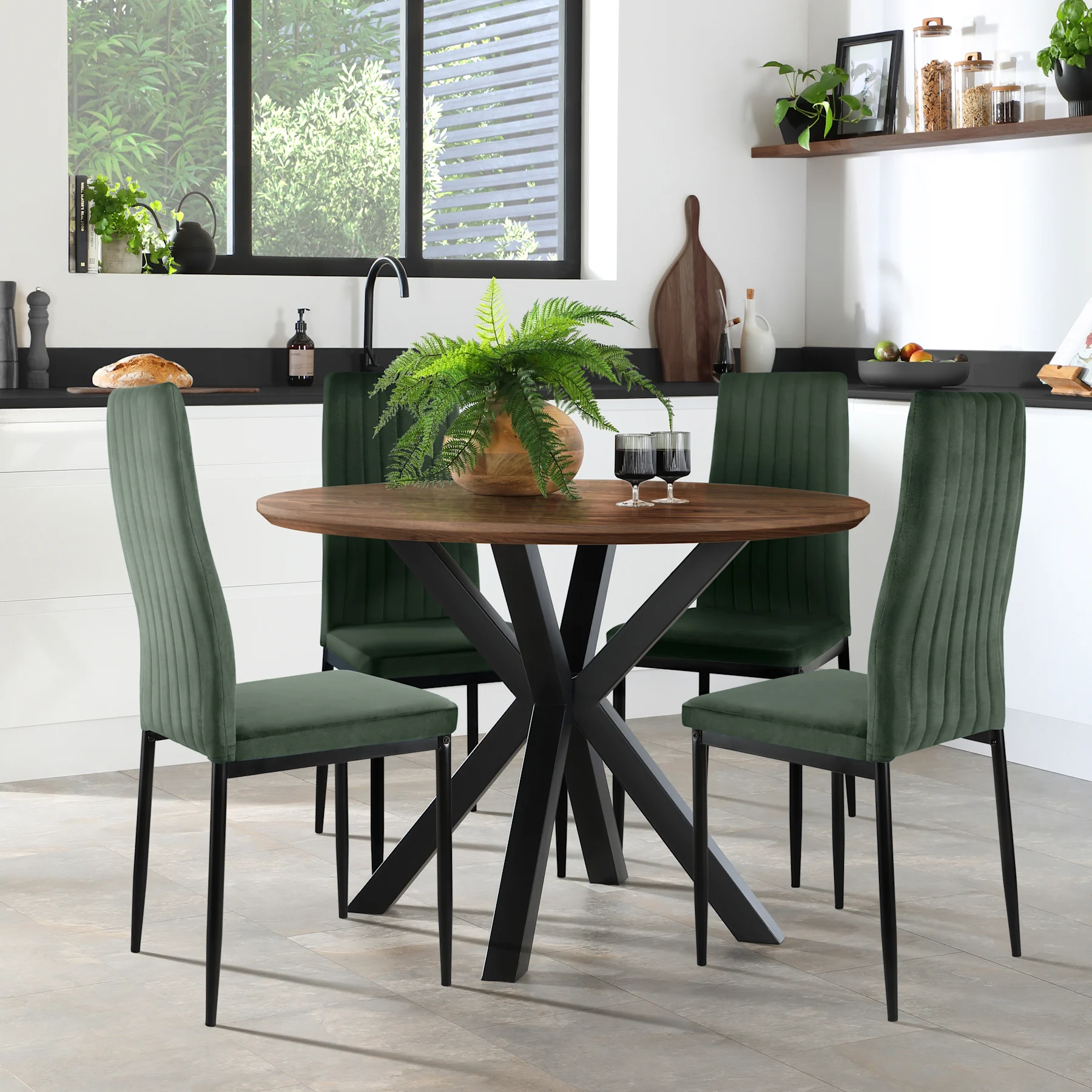 Newark Round Industrial Dining Table & 4 Leon  Chairs, Walnut Effect & Black Steel, Moss Green Classic Velvet, 150cm