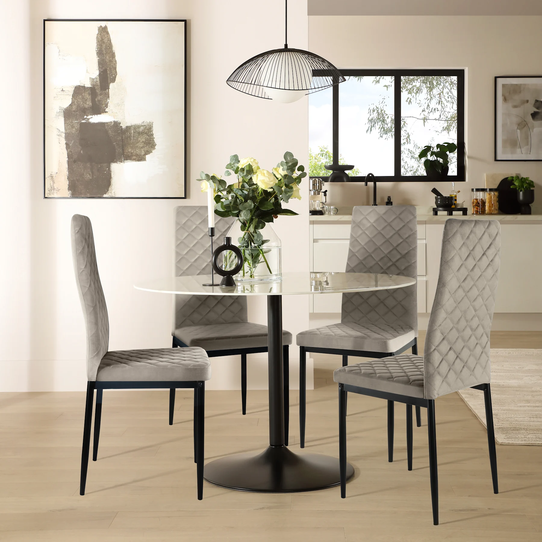 Orbit Round Dining Table & 4 Renzo  Chairs, White Marble Effect & Black Steel, Grey Classic Velvet, 150cm