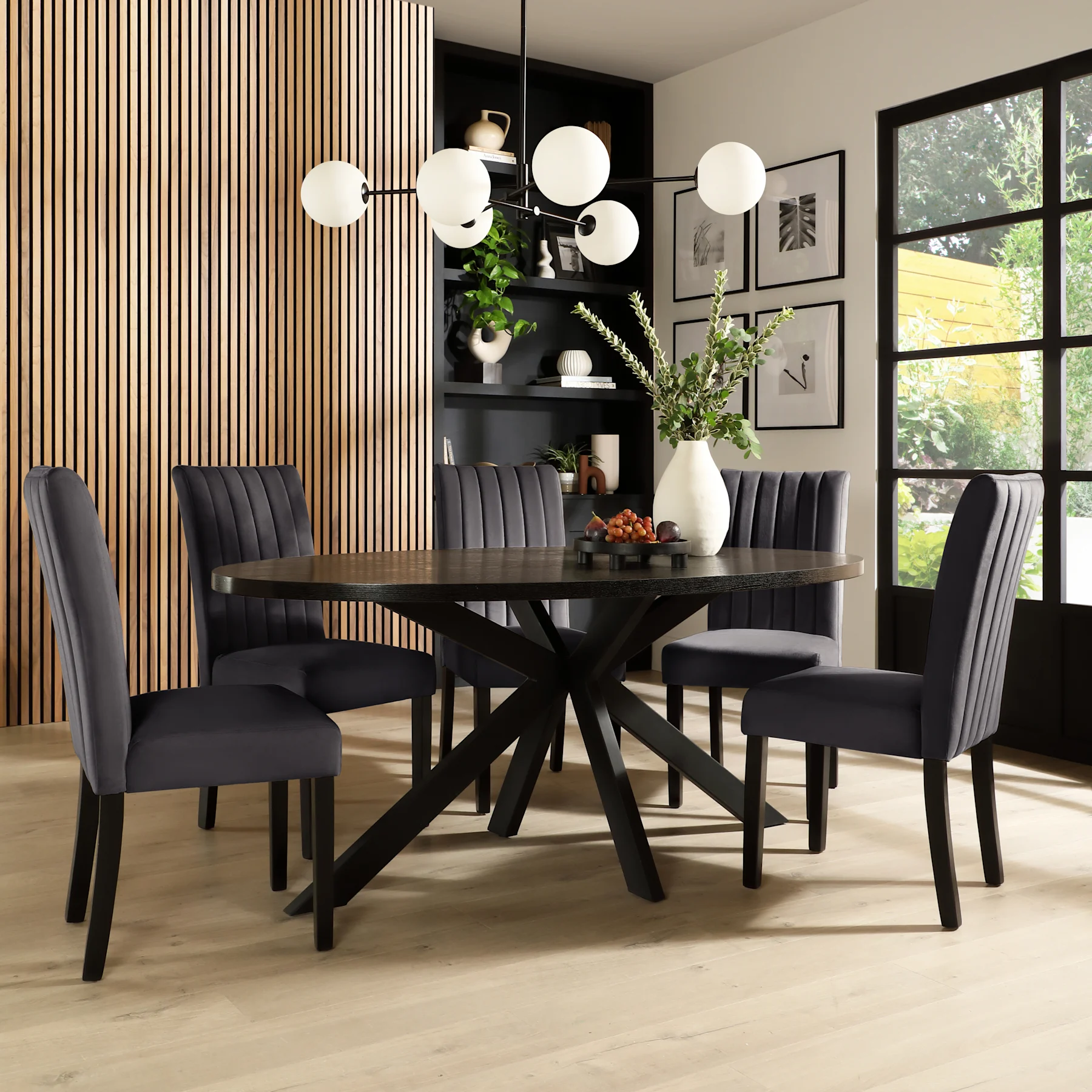 Madison Oval Dining Table & 6 Salisbury Chairs, Black Oak Effect & Black Steel, Slate Grey Classic Plush Fabric & Black Solid Hardwood, 180cm