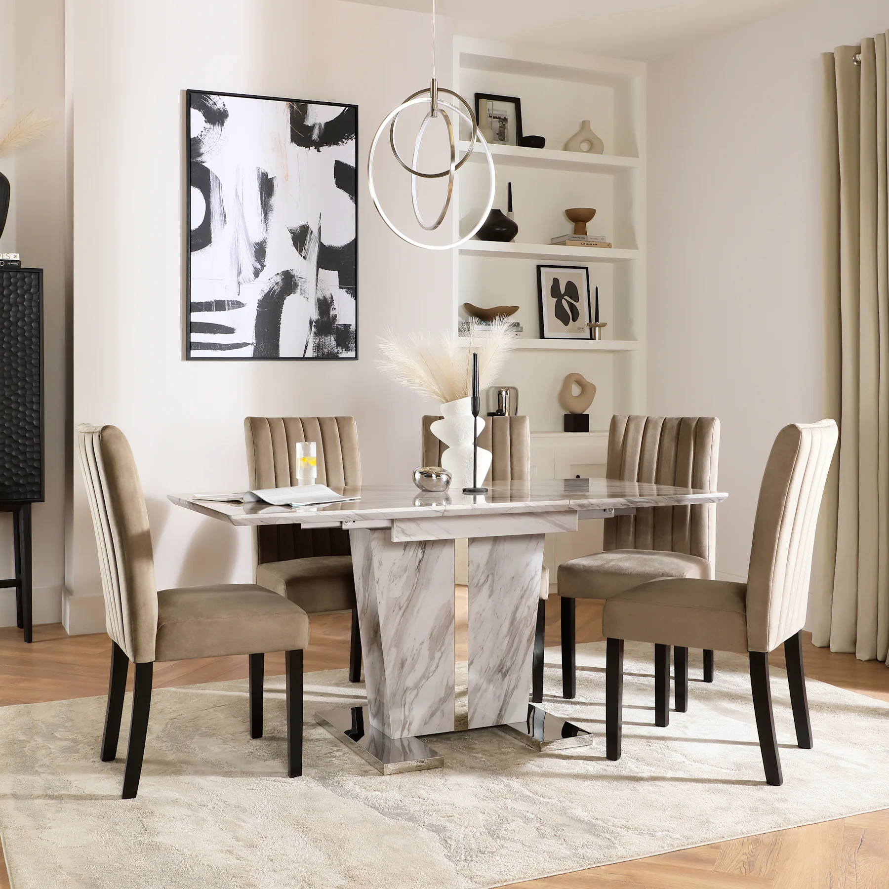 Vienna Extending Dining Table & 4 Salisbury Chairs, Grey Marble Effect, Beige Classic Velvet & Black Solid Hardwood, 120-160cm