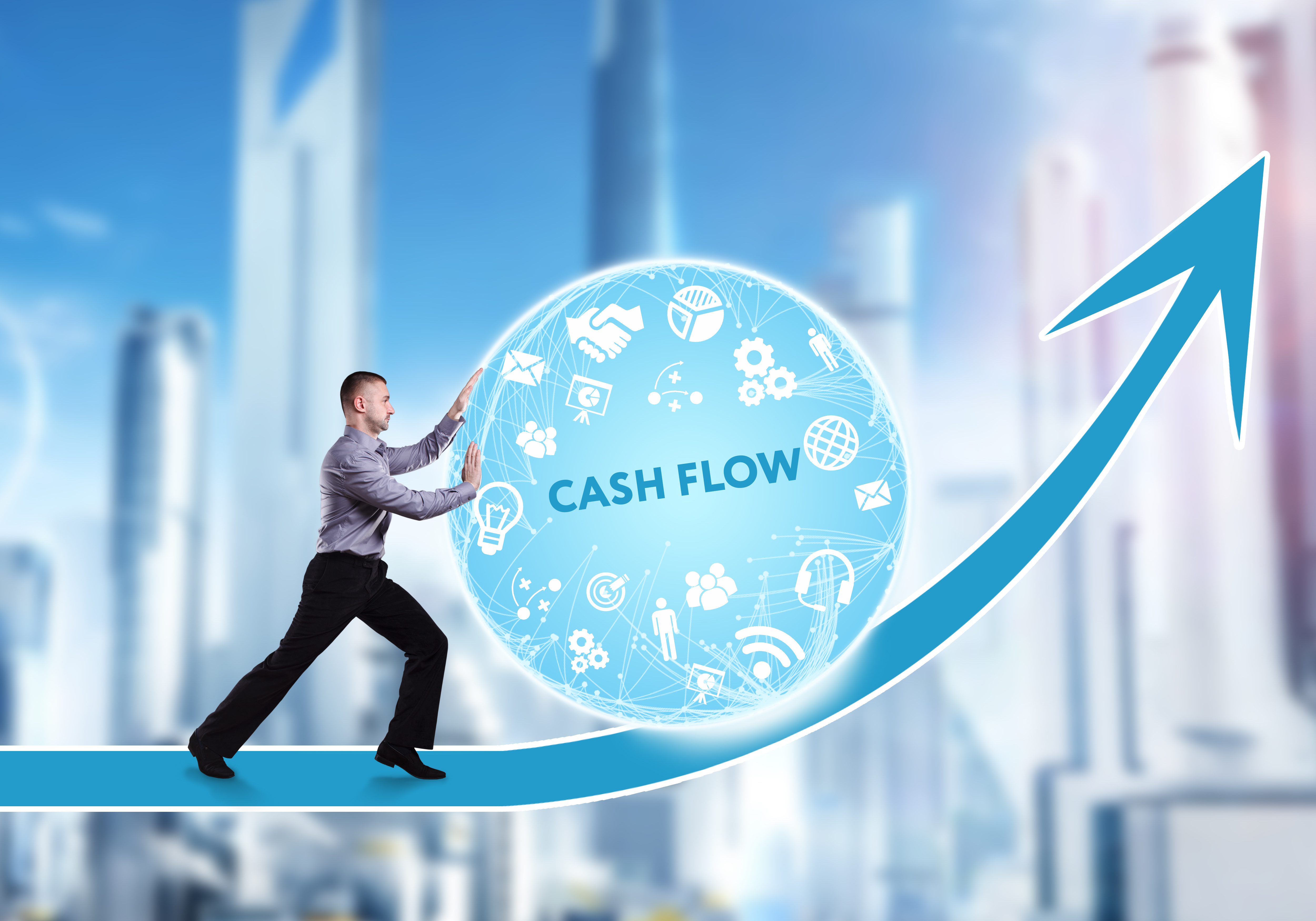 A young businessman overcomes an obstacle to success: Cash flow