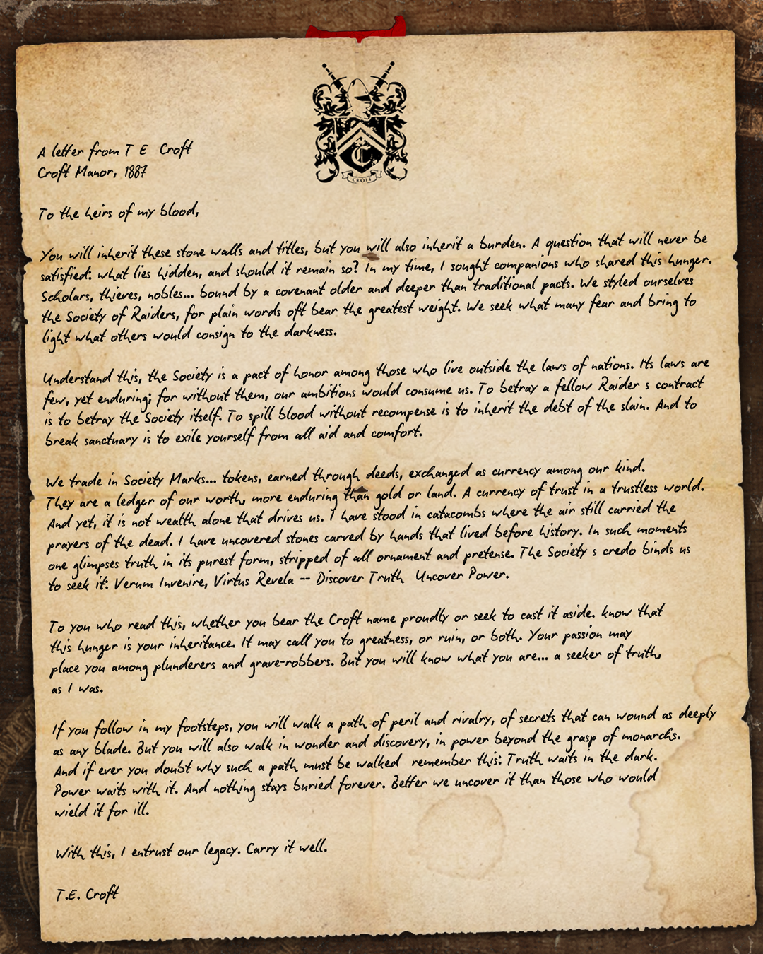 Tomb Raider | A letter from T.E. Croft, Ancestor of Lara Croft