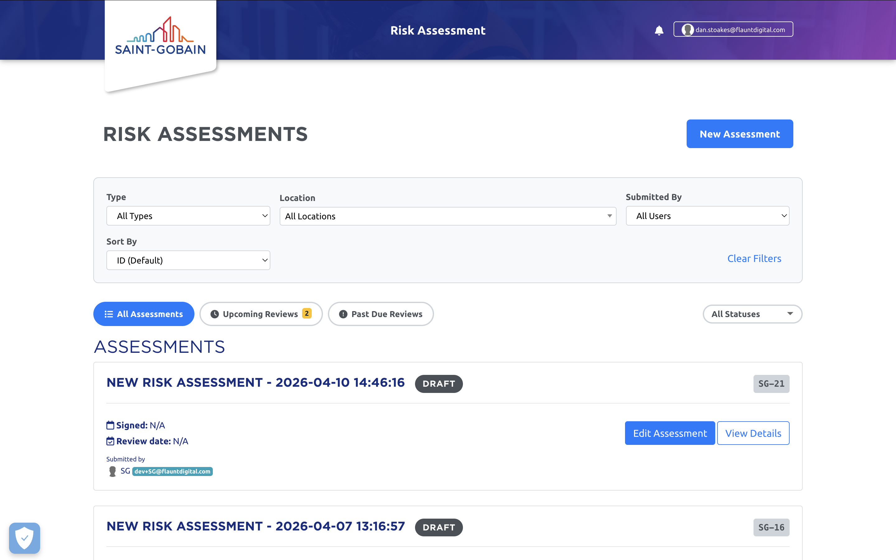 Screenshot of Saint Gobain Risk Assessment Tool