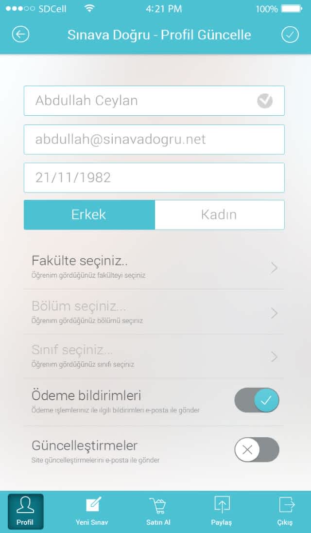 sinavadogru-mobile-009 settings update profile