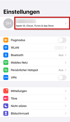 Einstellungen: Apple-ID, iCloud, iTunes & App Store hervorgehoben