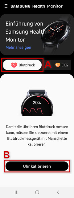 Health Monitor-App, Blutdruck und Uhr kalibrieren markiert