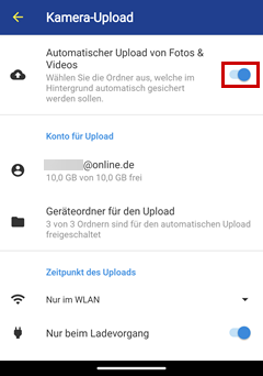 Kamera-Upload mit Rahmen um Automatischer Upload von Fotos und Videos