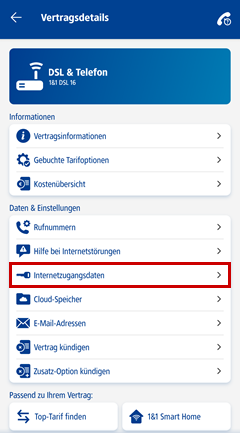 Auswahl des Ausklappmenüs "Internetzugangsdaten" in den Vertragsdetails hervorgehoben