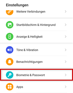 Biometrie & Passwort ist hervorgehoben