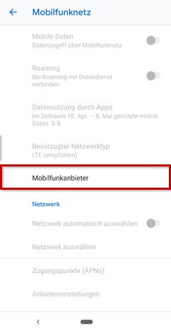 Mobilfunknetz, Mobilfunkanbieter mit Icon hervorgehoben