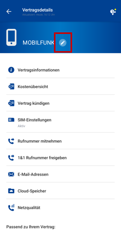 Vertragsdetails eines Mobilfunkvertrags, Bearbeiten-Symbol neben dem Vertragsnamen hervorgehoben